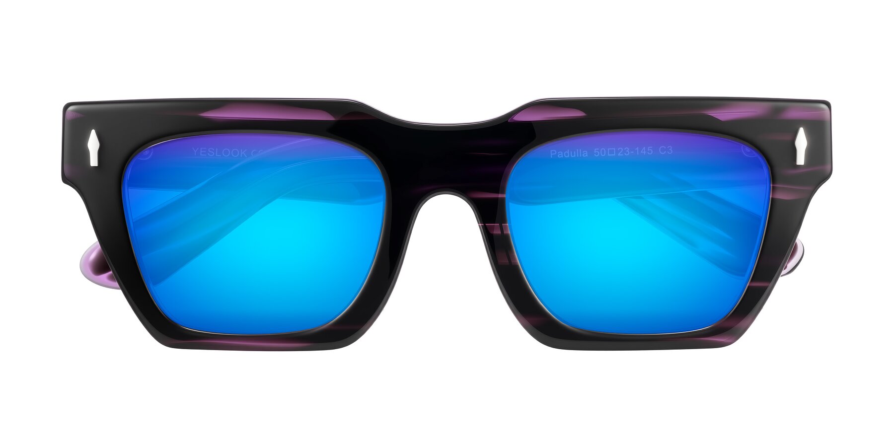 Folded Front of Padulla in Dark Purple Striped with Blue Mirrored Lenses