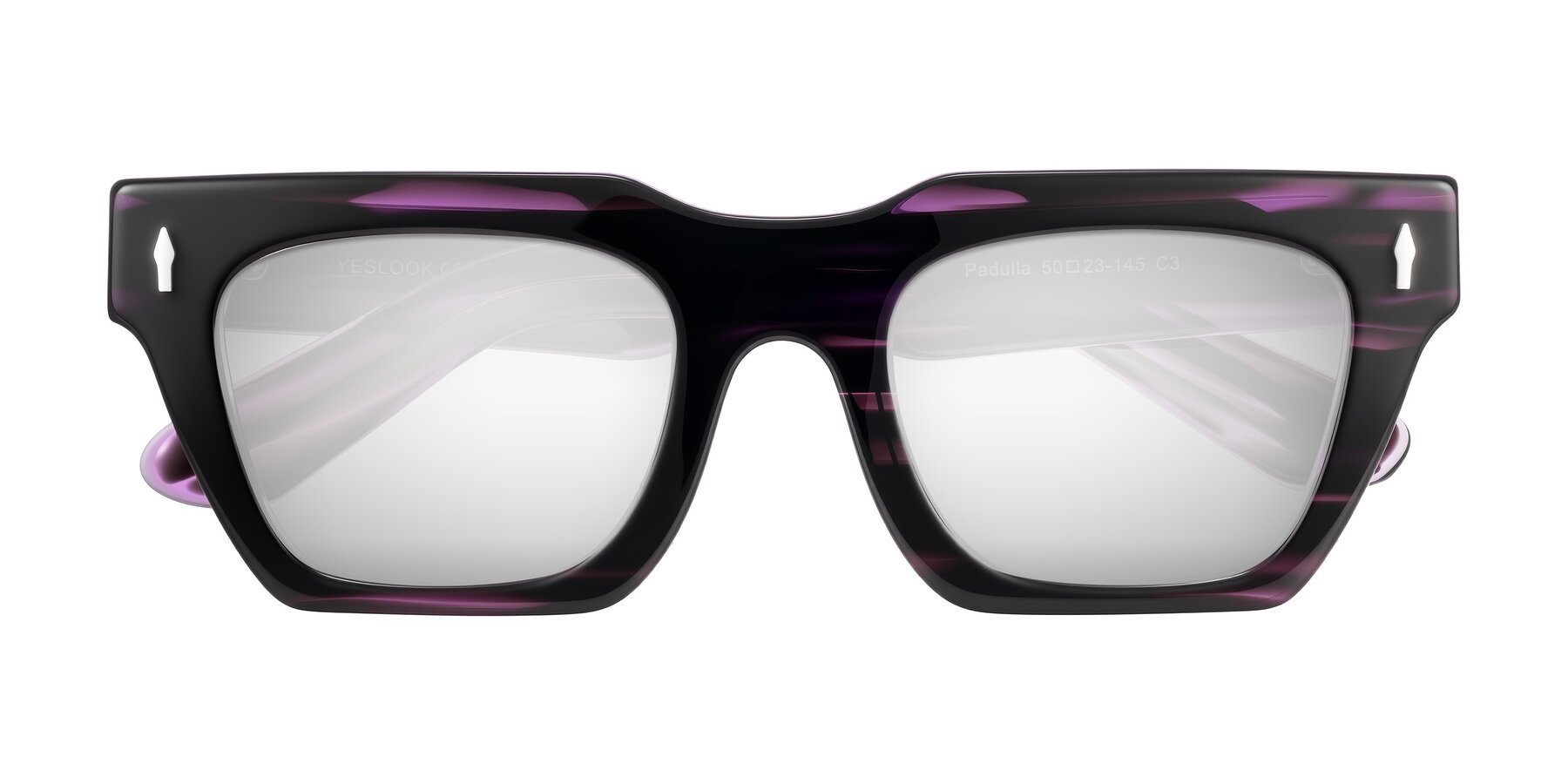 Folded Front of Padulla in Dark Purple Striped with Silver Mirrored Lenses