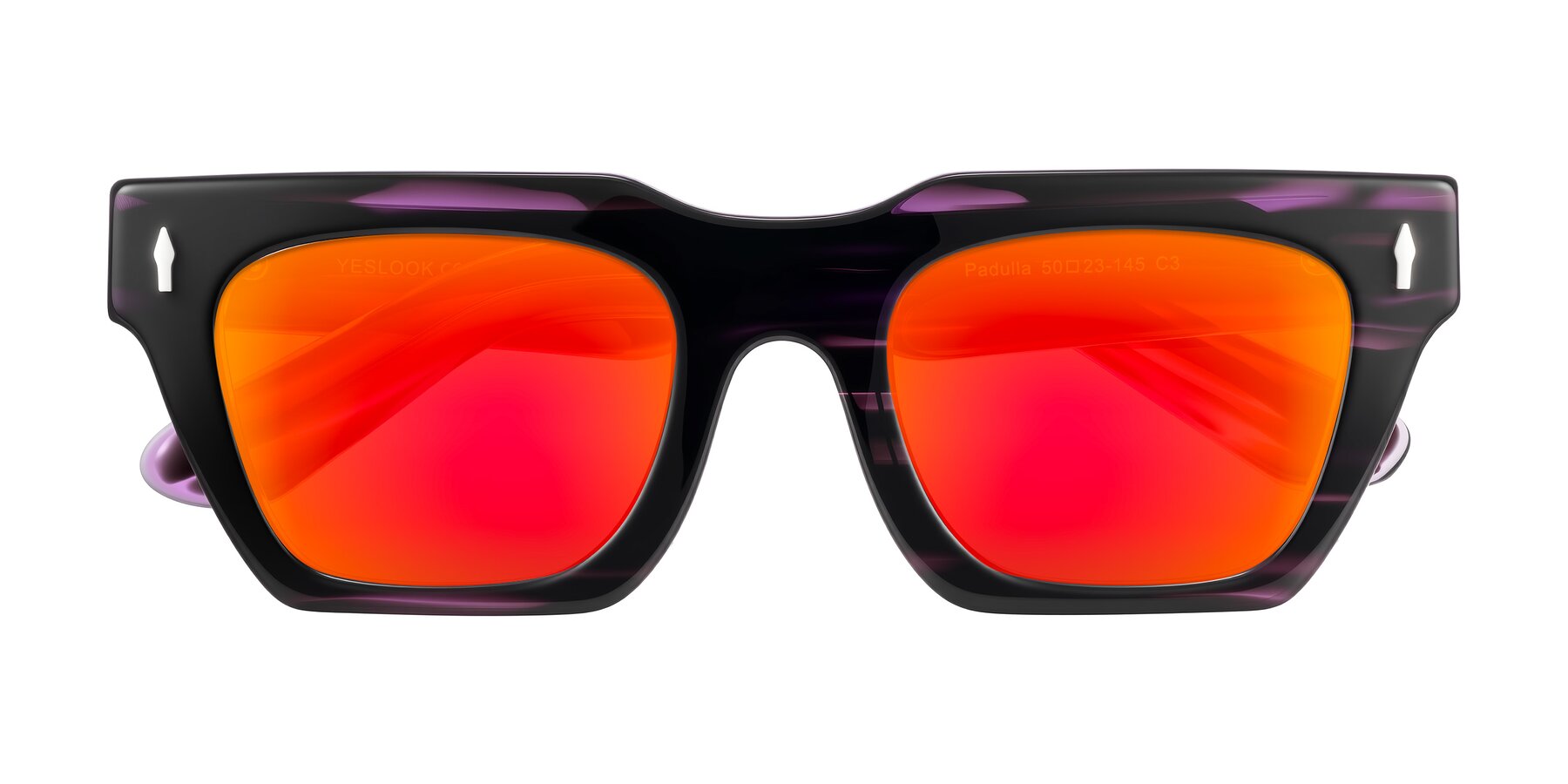 Folded Front of Padulla in Dark Purple Striped with Red Gold Mirrored Lenses