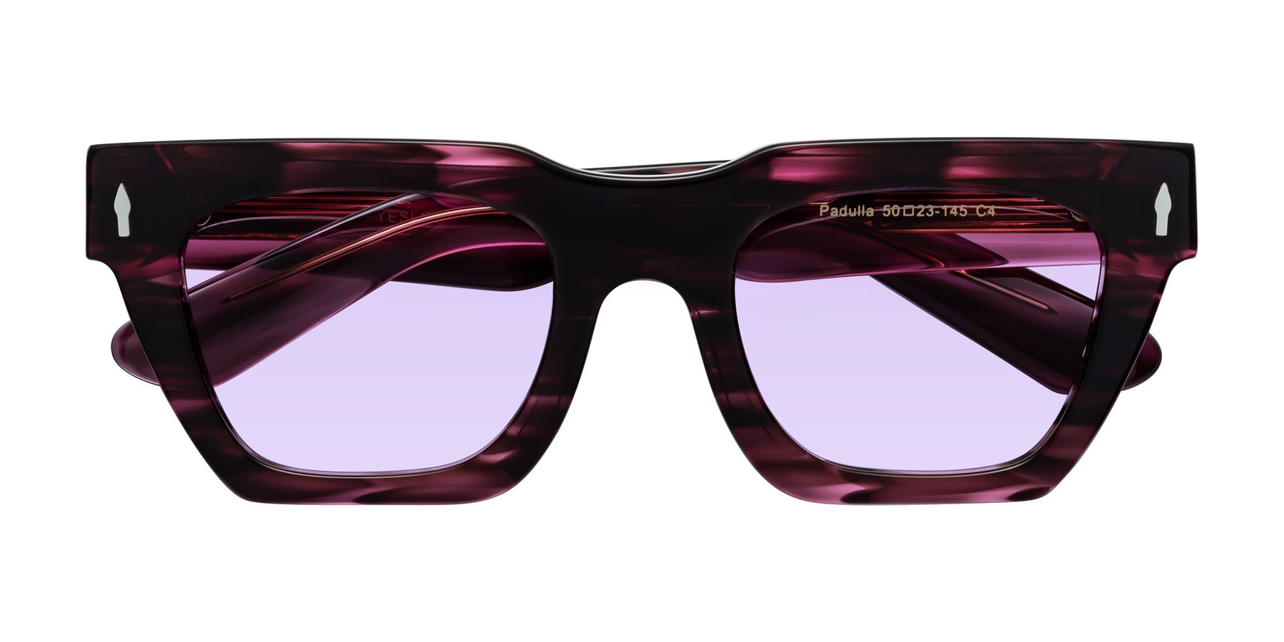 Folded Front of Padulla in Wine Berry Striped with Light Purple Tinted Lenses
