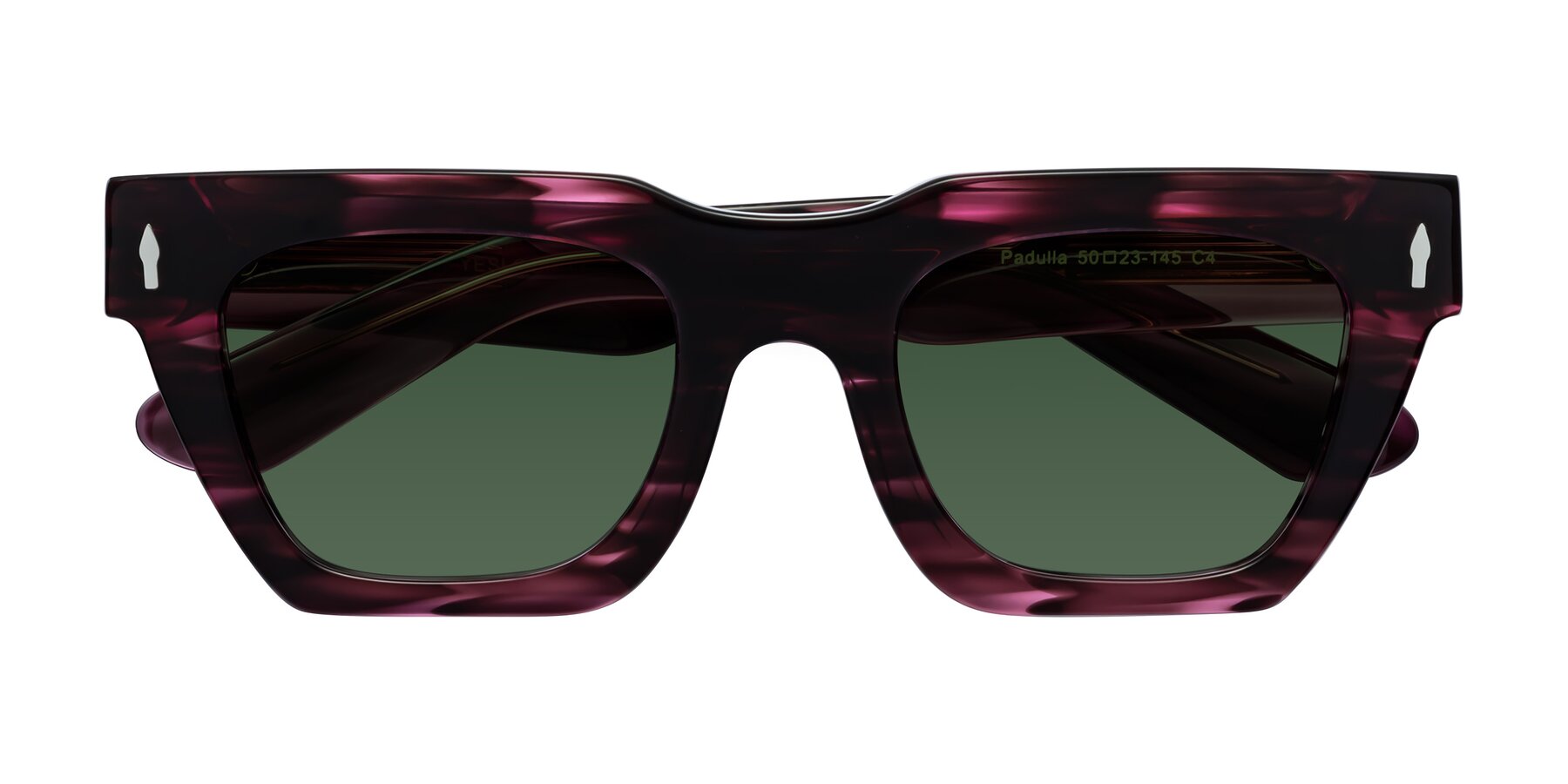 Folded Front of Padulla in Wine Berry Striped with Green Tinted Lenses