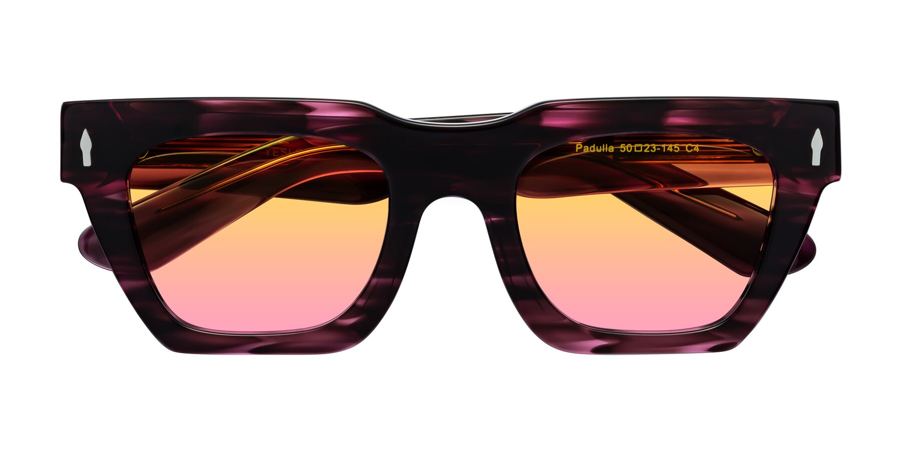 Folded Front of Padulla in Wine Berry Striped with Yellow / Pink Gradient Lenses