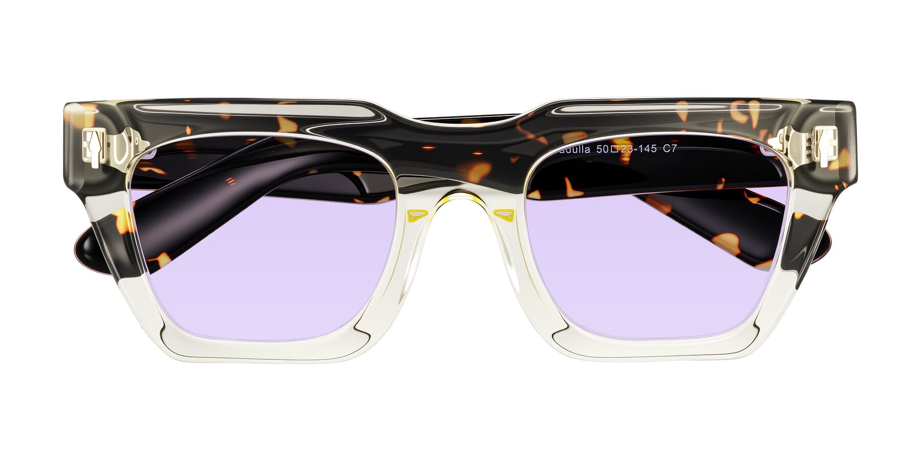 Folded Front of Padulla in Light Yellow/Tortoise with Light Purple Tinted Lenses