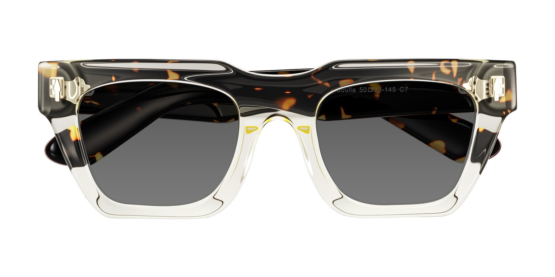 Folded Front of Padulla in Light Yellow/Tortoise with Medium Gray Tinted Lenses