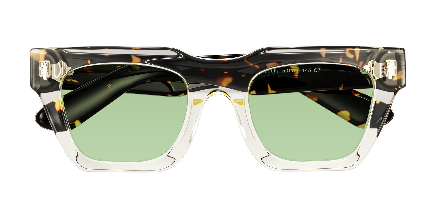 Folded Front of Padulla in Light Yellow/Tortoise with Medium Green Tinted Lenses