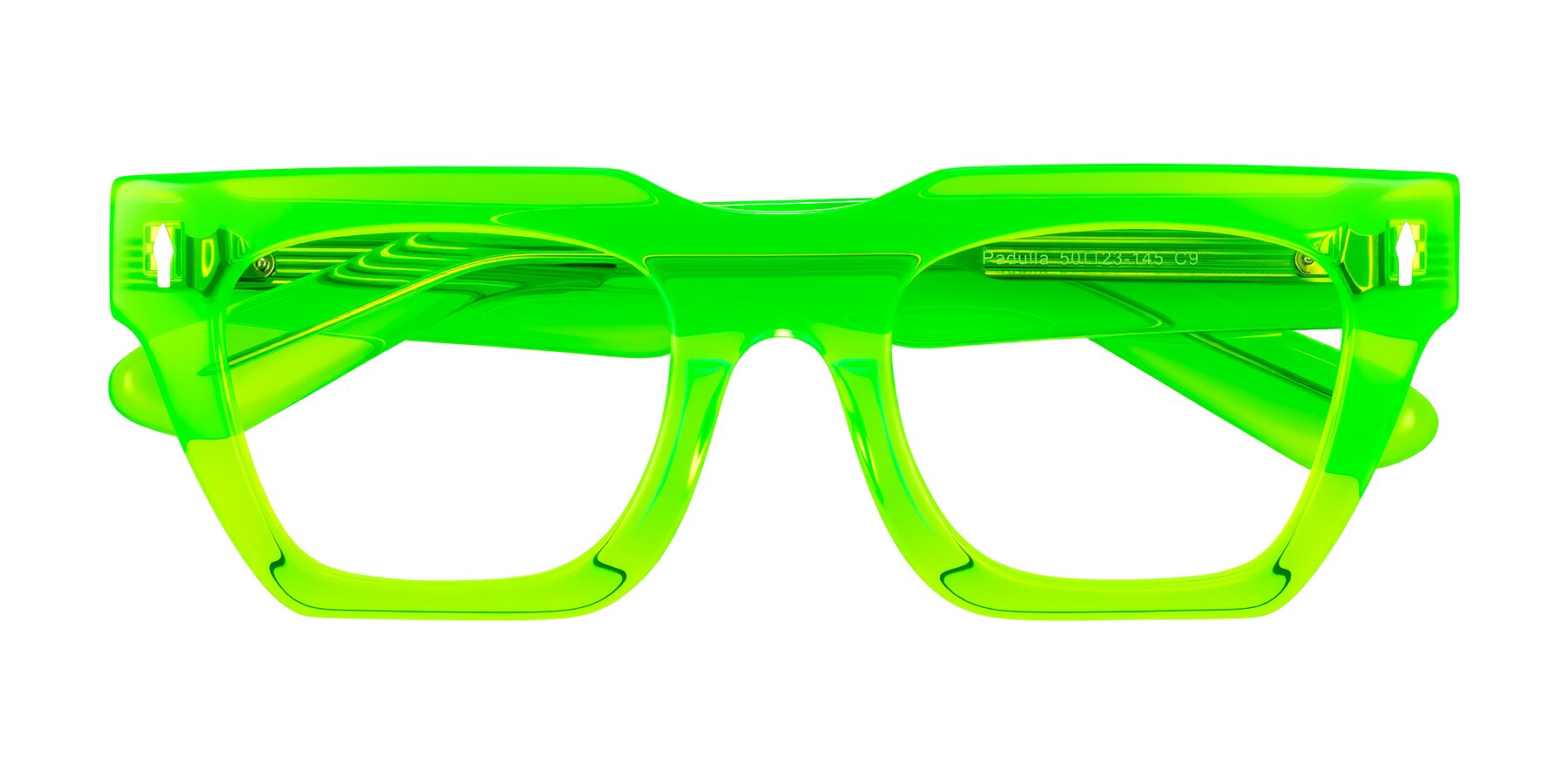 Folded Front of Padulla in Neon Green with Clear Eyeglass Lenses