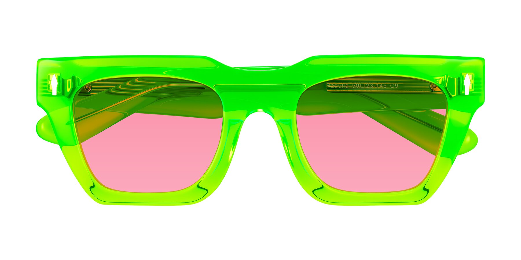 Folded Front of Padulla in Neon Green with Pink Tinted Lenses