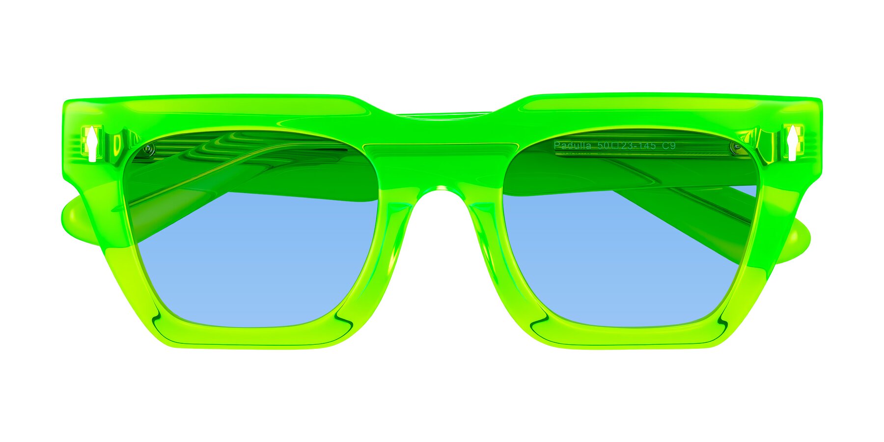 Folded Front of Padulla in Neon Green with Medium Blue Tinted Lenses