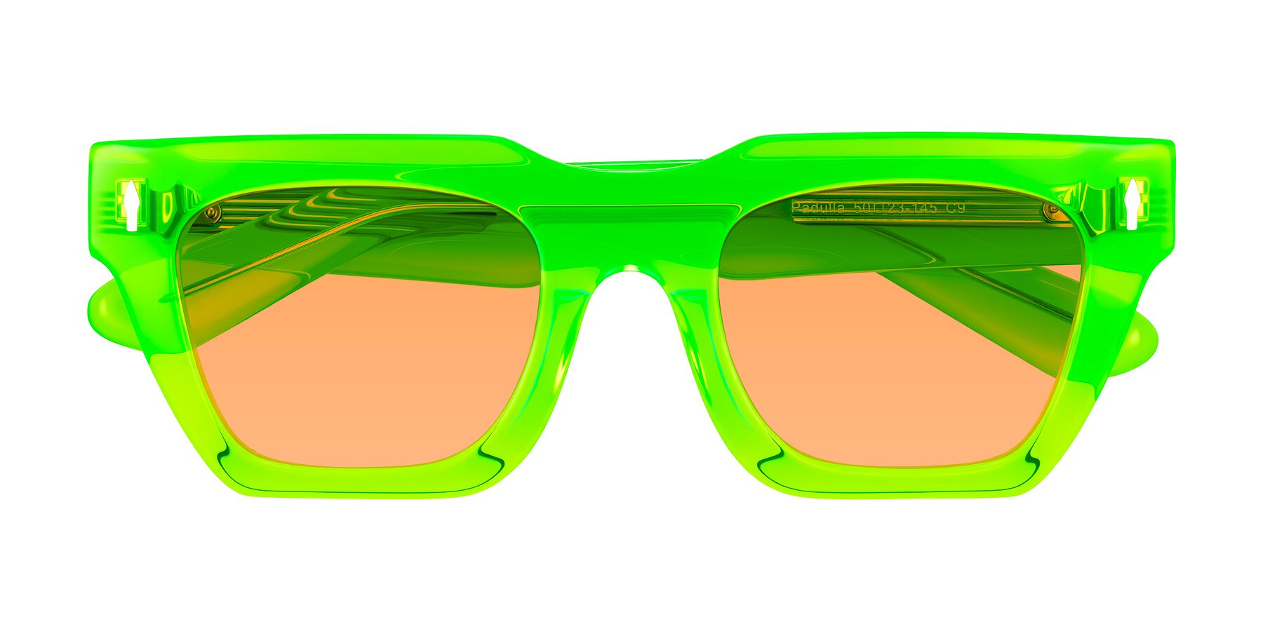 Folded Front of Padulla in Neon Green with Medium Orange Tinted Lenses