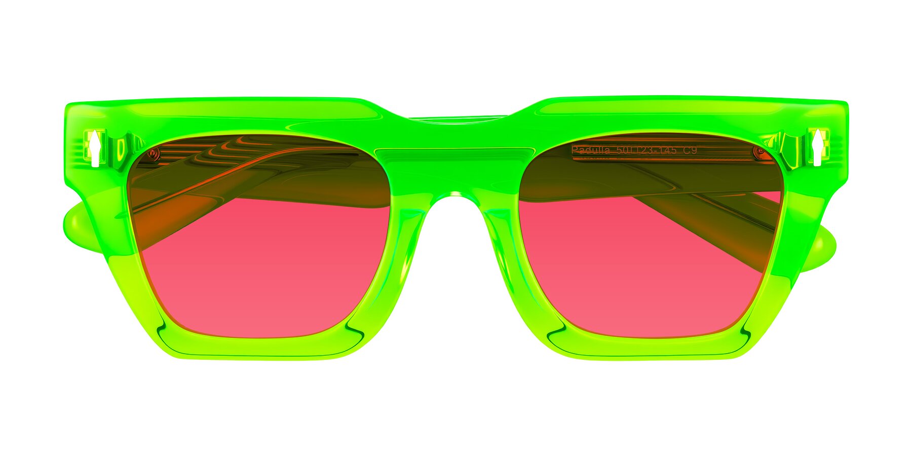 Folded Front of Padulla in Neon Green with Red Tinted Lenses