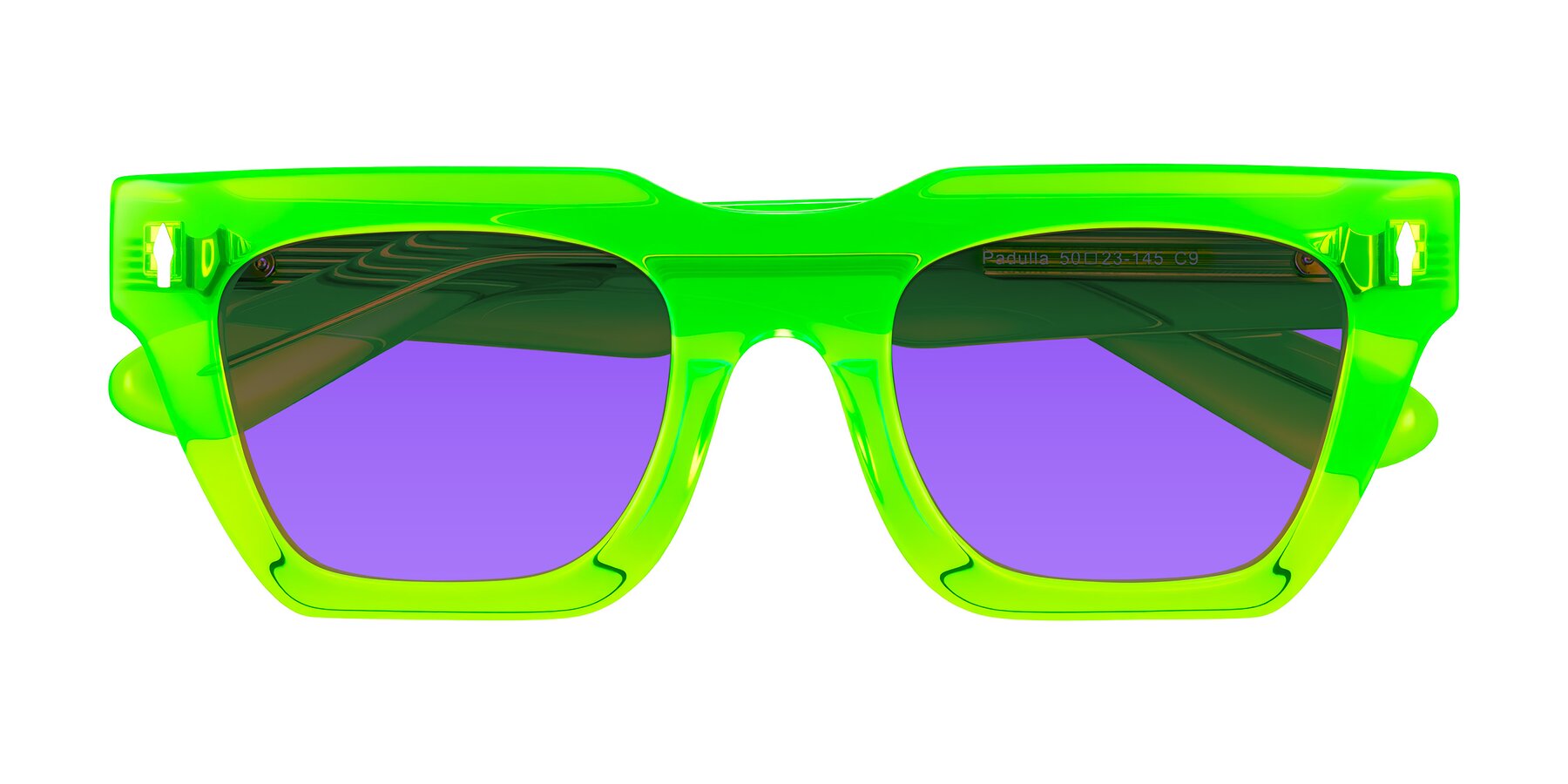 Folded Front of Padulla in Neon Green with Purple Tinted Lenses