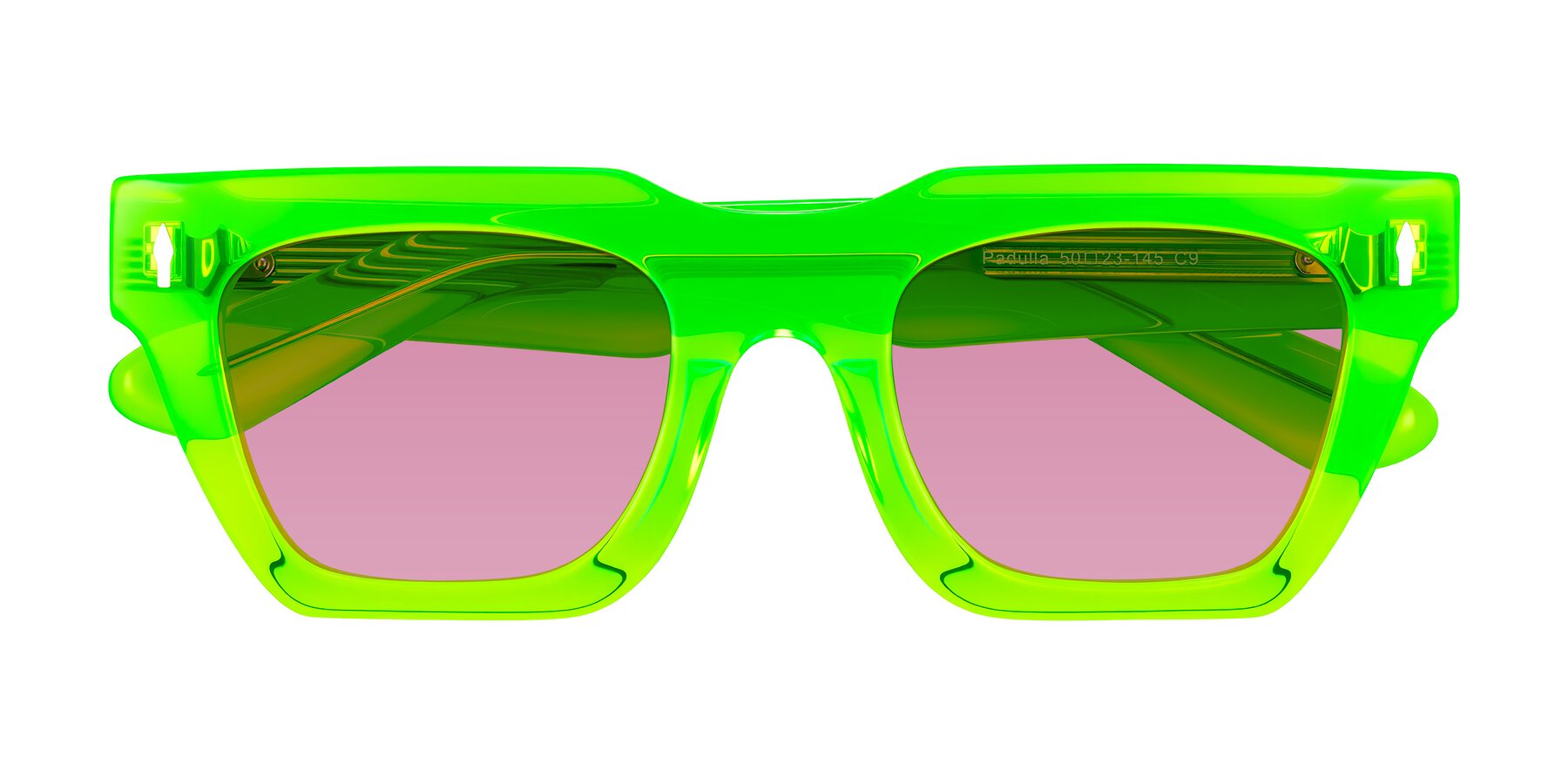 Folded Front of Padulla in Neon Green with Medium Wine Tinted Lenses