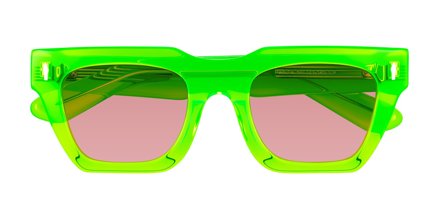 Folded Front of Padulla in Neon Green with Medium Garnet Tinted Lenses