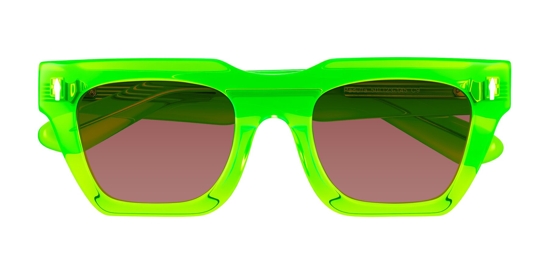 Folded Front of Padulla in Neon Green with Garnet Tinted Lenses