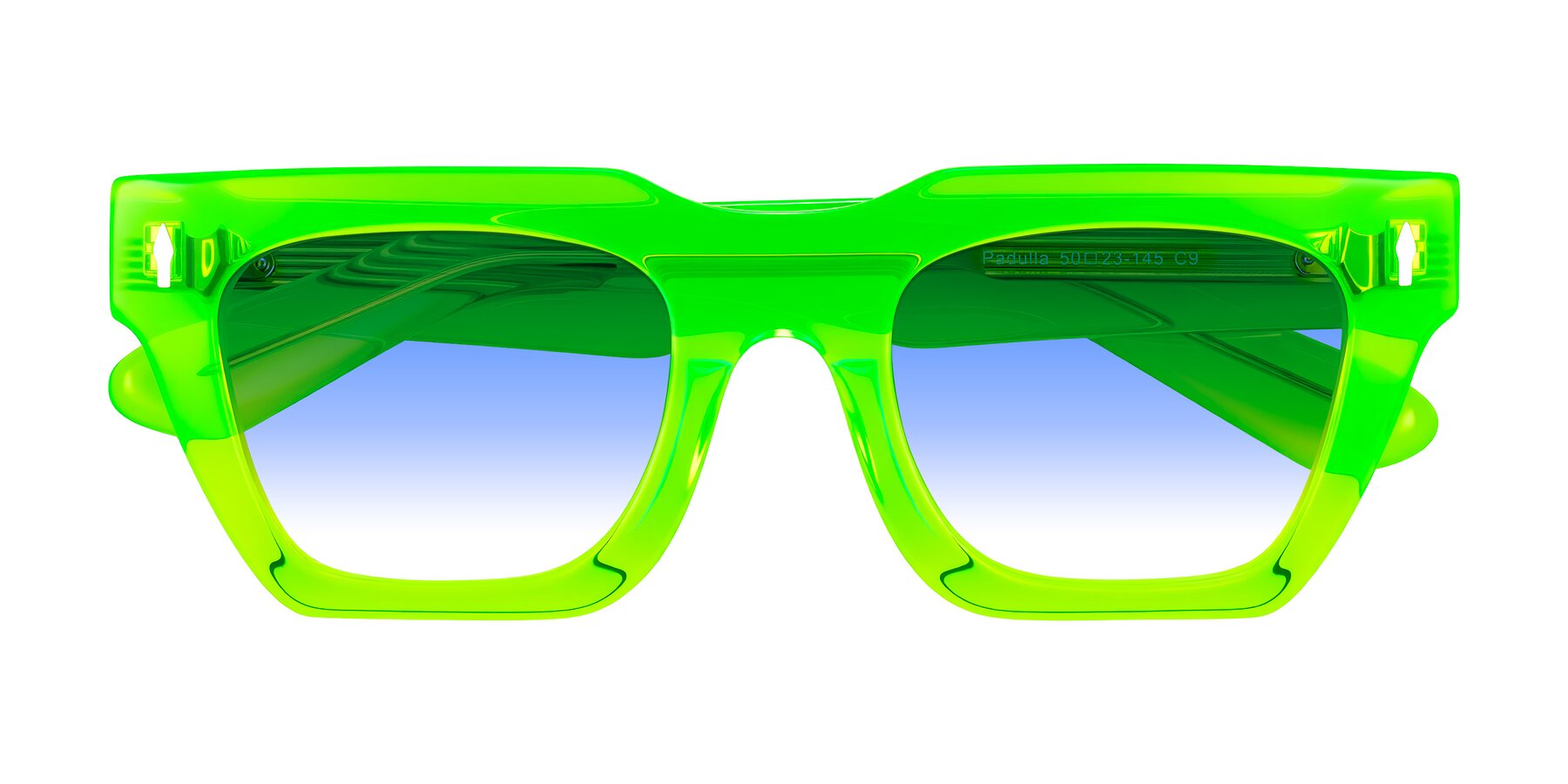 Folded Front of Padulla in Neon Green with Blue Gradient Lenses