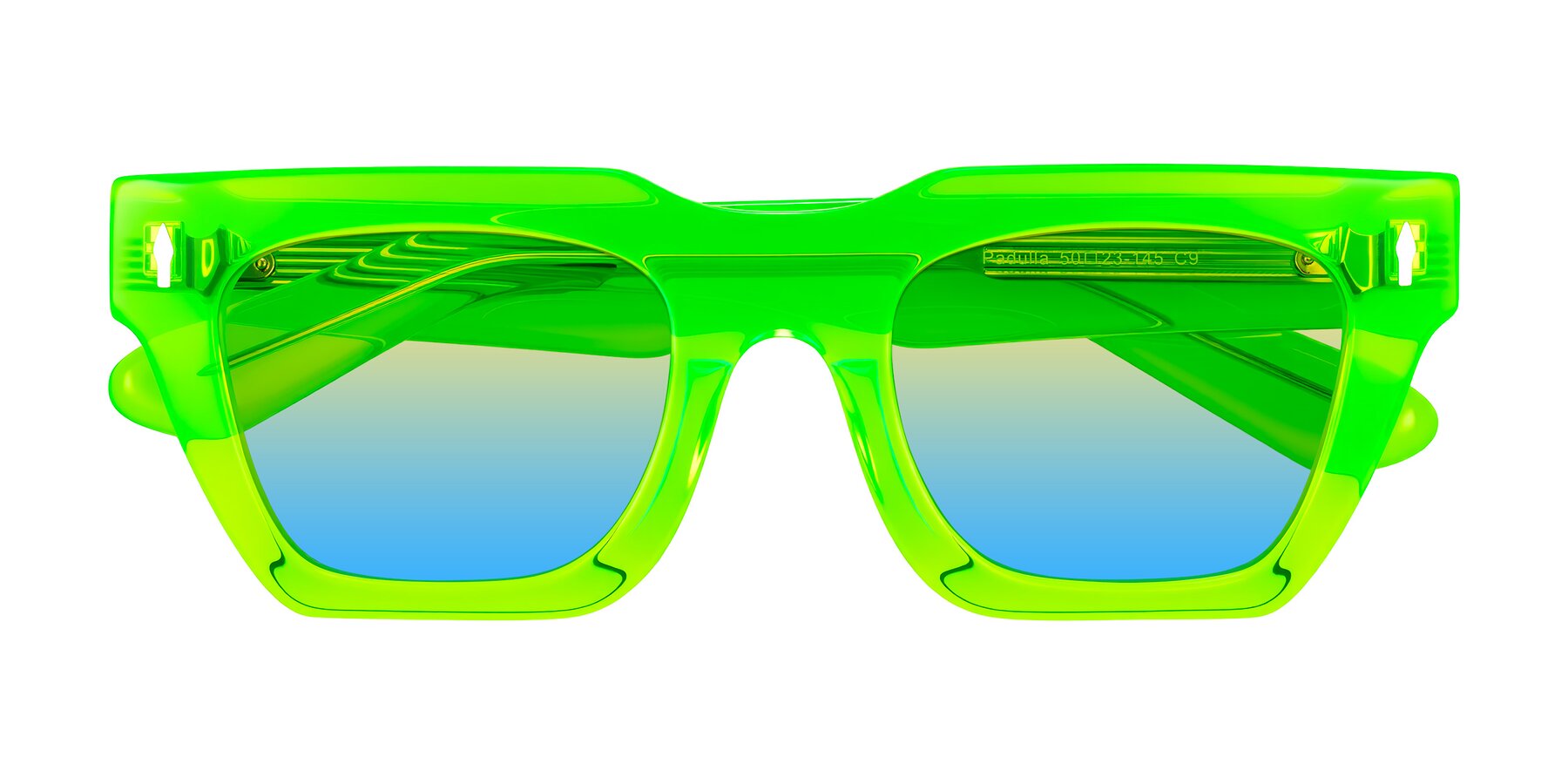 Folded Front of Padulla in Neon Green with Yellow / Blue Gradient Lenses