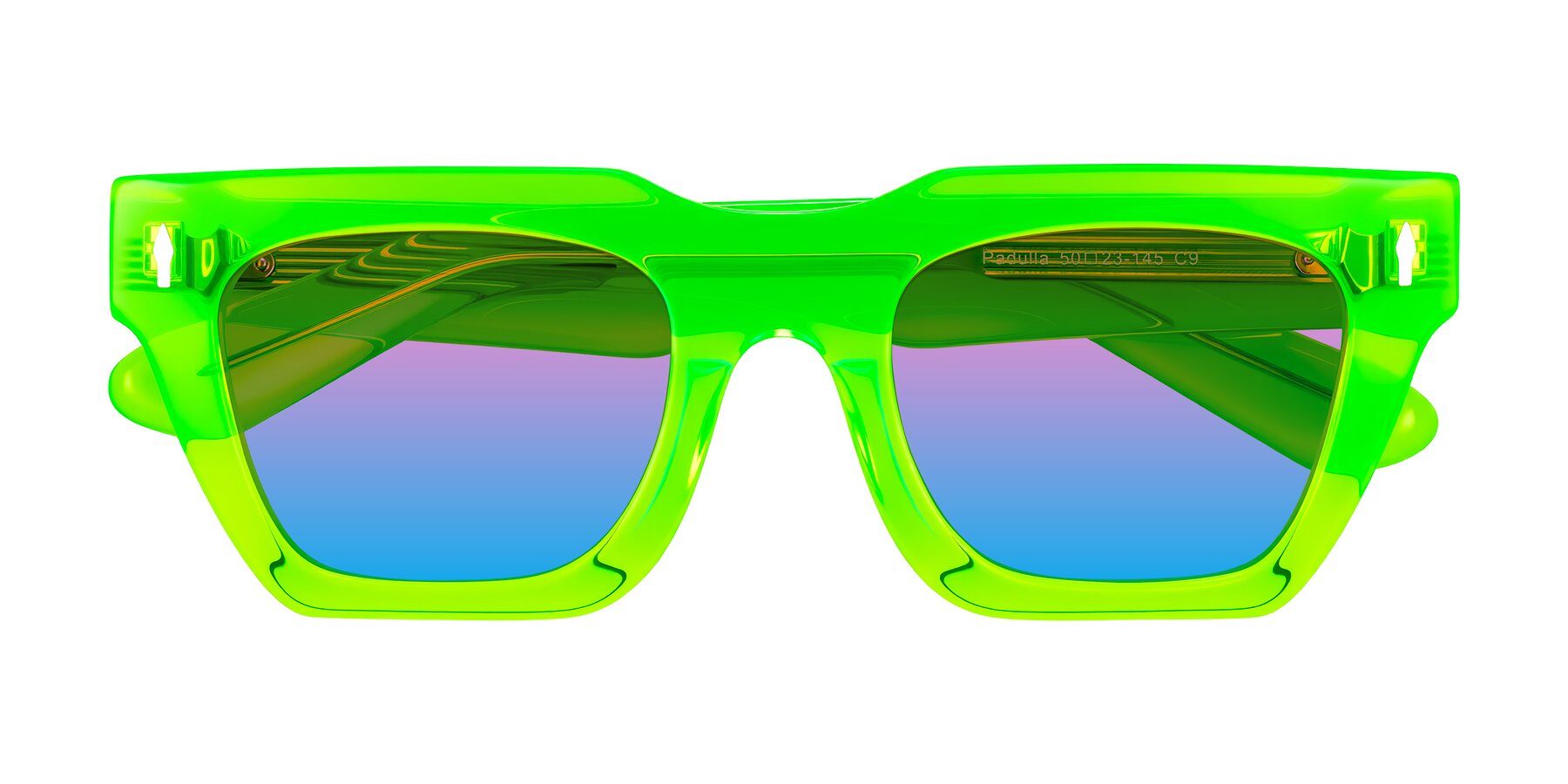Folded Front of Padulla in Neon Green with Pink / Blue Gradient Lenses