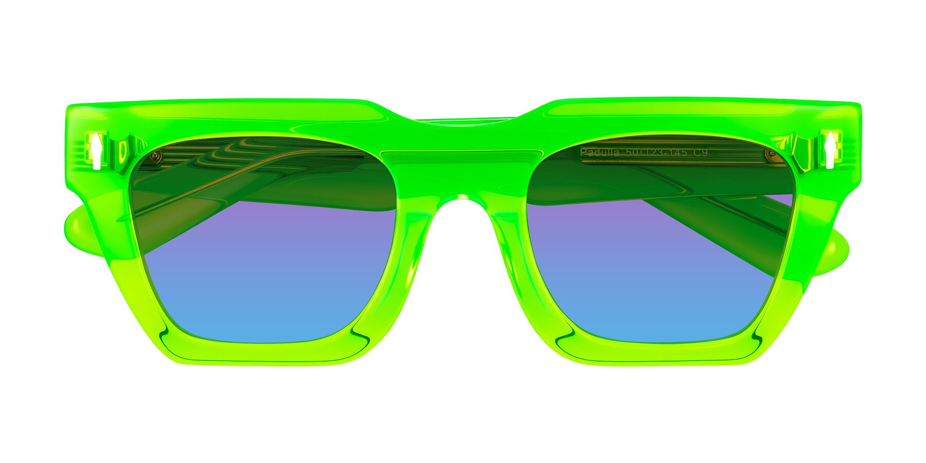 Folded Front of Padulla in Neon Green with Purple / Blue Gradient Lenses