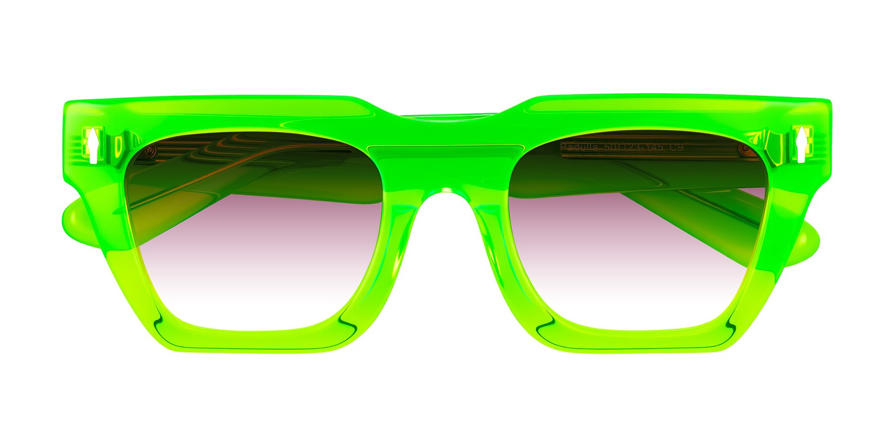 Folded Front of Padulla in Neon Green with Wine Gradient Lenses