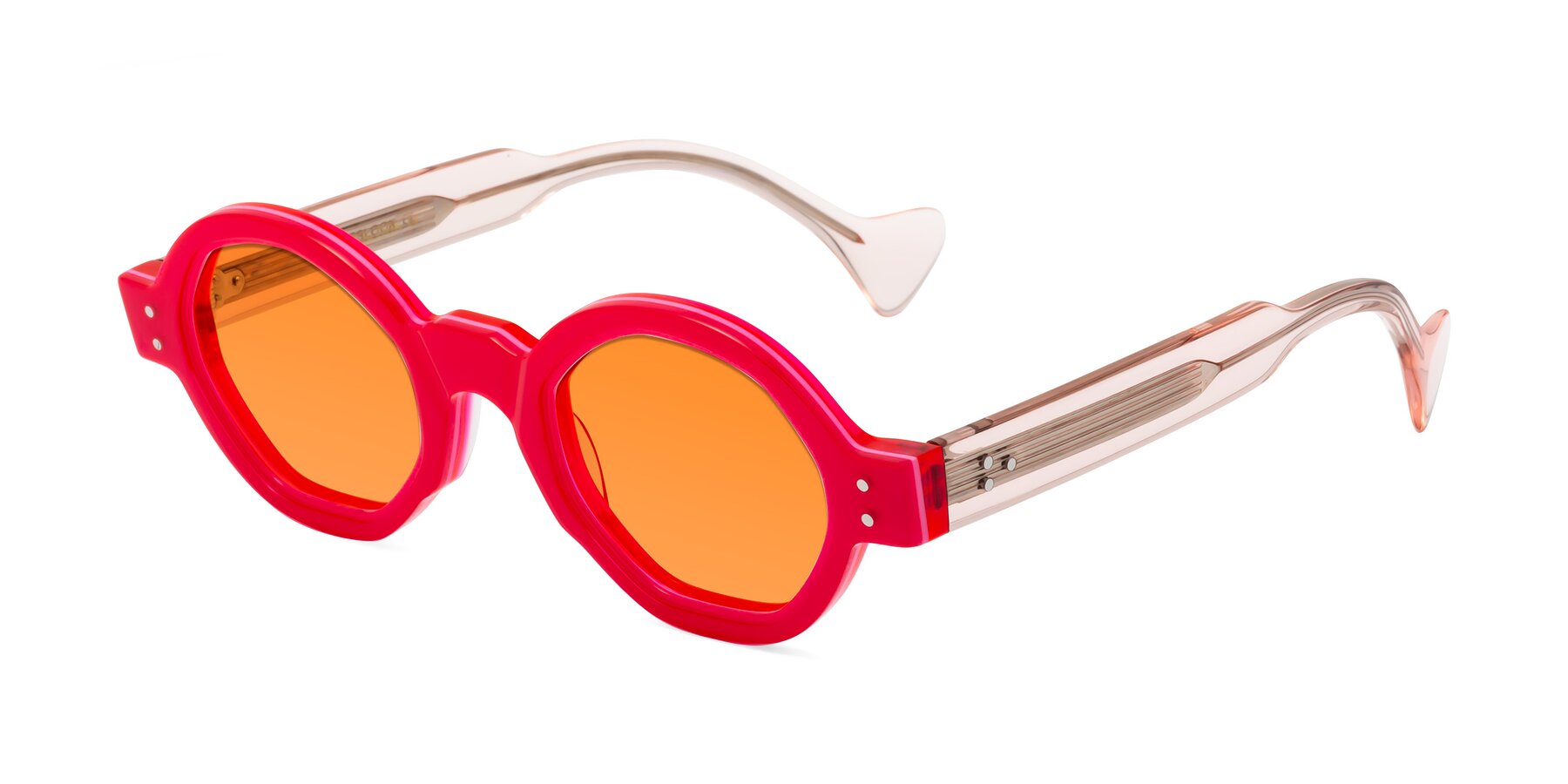 Angle of Tzivara in Neon Red with Orange Tinted Lenses