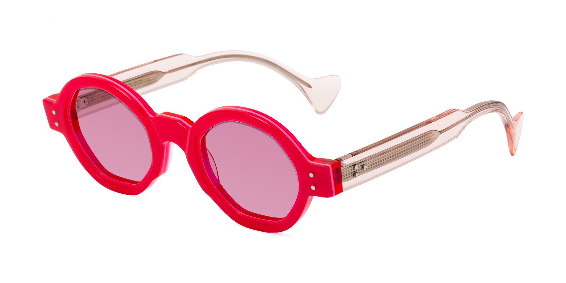 Angle of Tzivara in Neon Red with Medium Wine Tinted Lenses