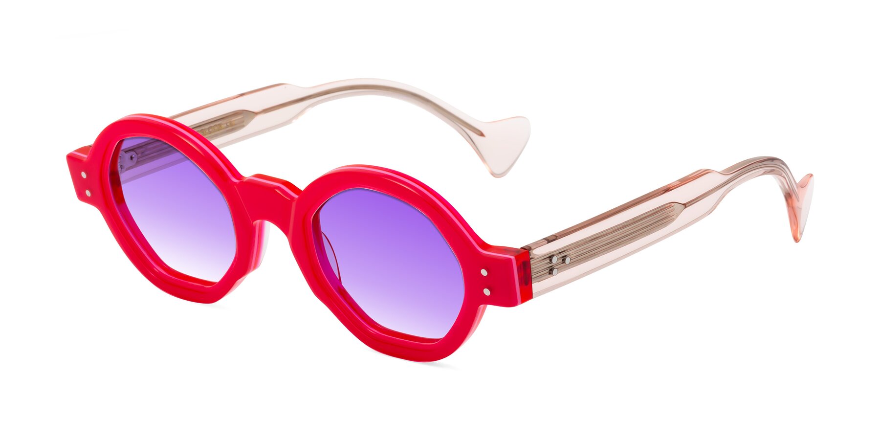 Angle of Tzivara in Neon Red with Purple Gradient Lenses