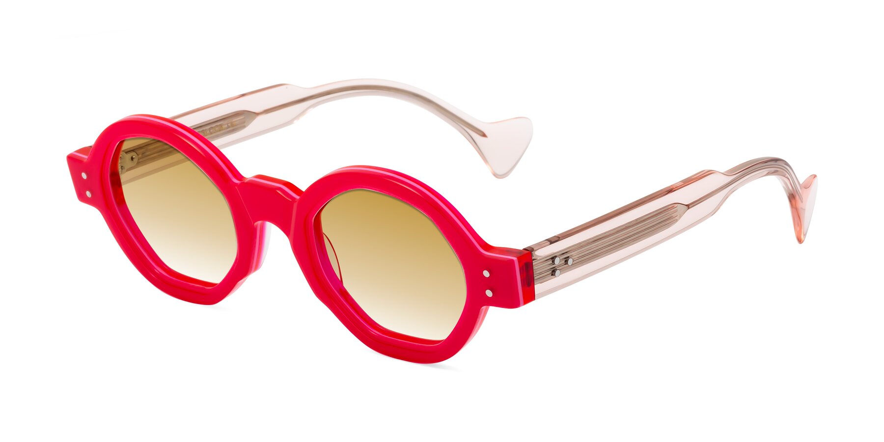 Angle of Tzivara in Neon Red with Champagne Gradient Lenses