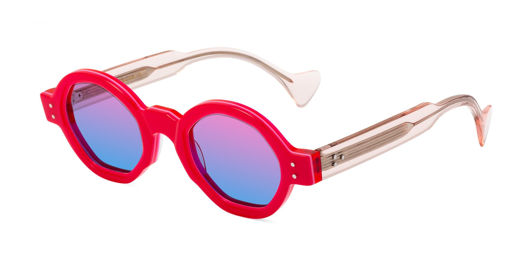 Angle of Tzivara in Neon Red with Pink / Blue Gradient Lenses