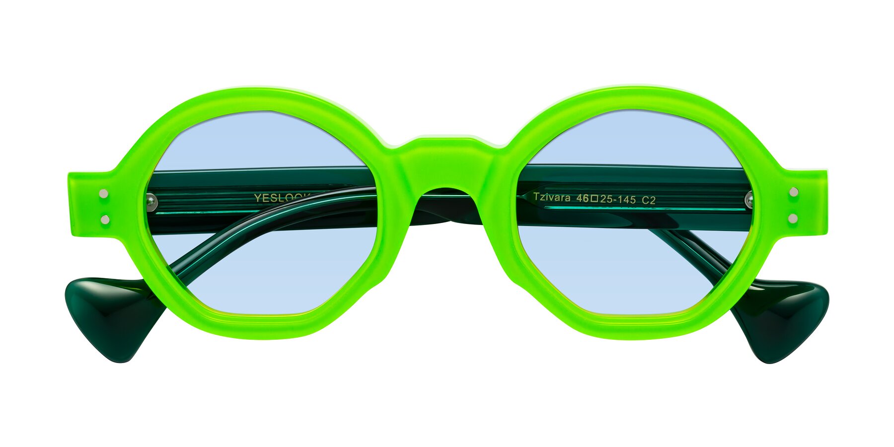 Folded Front of Tzivara in Neon Green with Light Blue Tinted Lenses