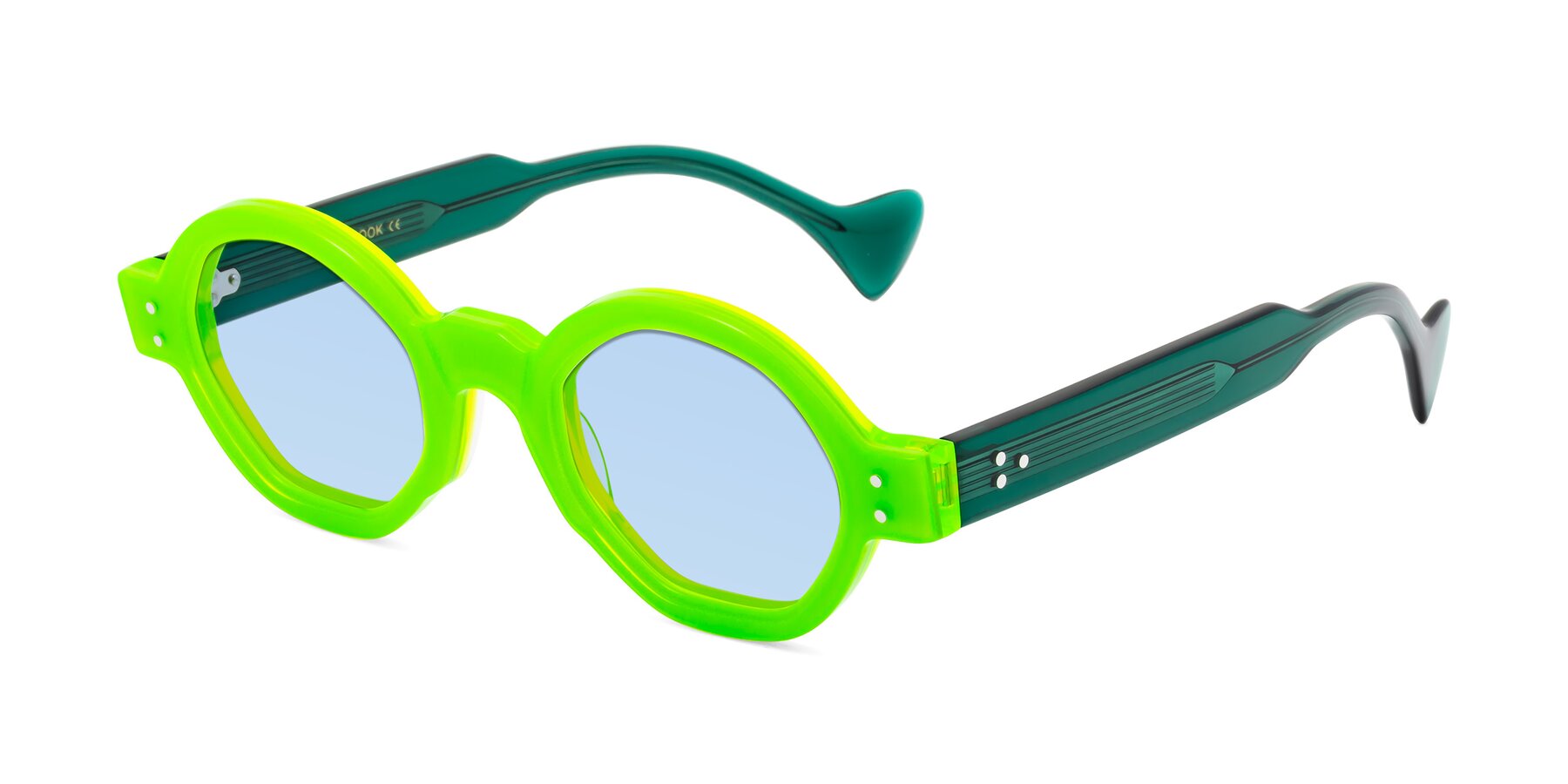Angle of Tzivara in Neon Green with Light Blue Tinted Lenses