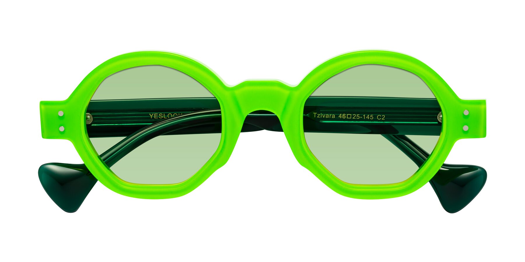 Folded Front of Tzivara in Neon Green with Medium Green Tinted Lenses