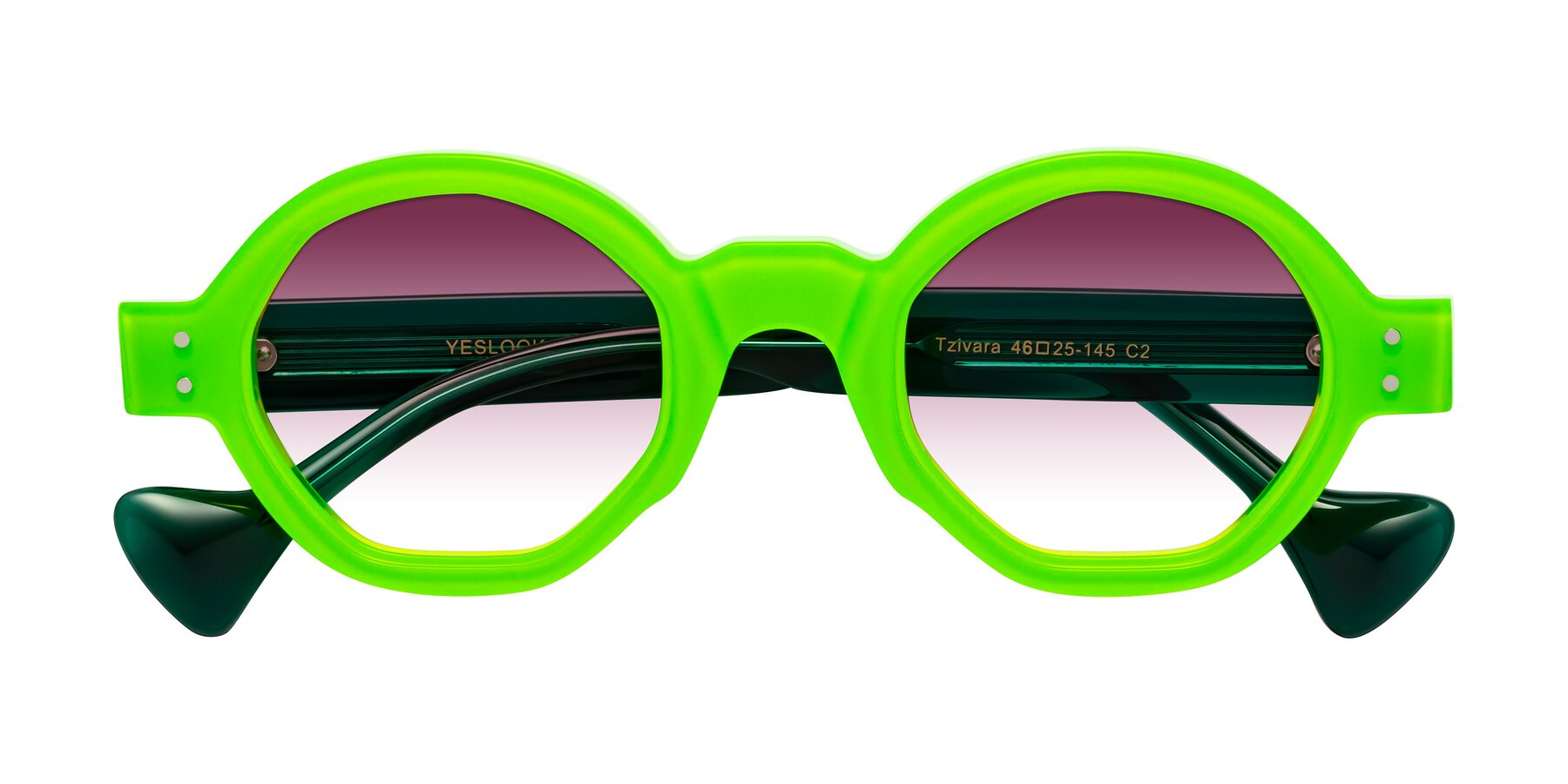 Folded Front of Tzivara in Neon Green with Wine Gradient Lenses