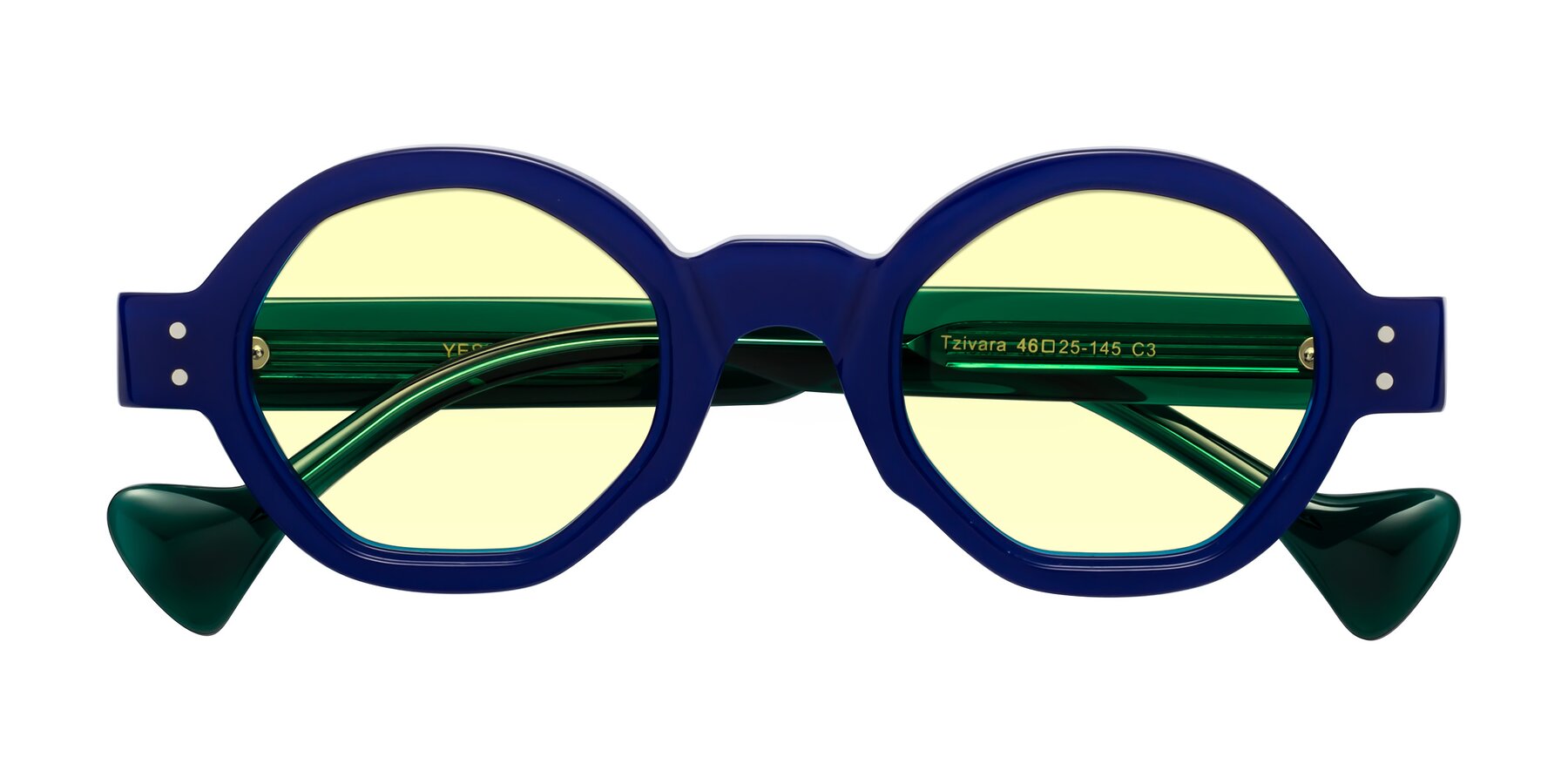 Folded Front of Tzivara in Neon Blue with Light Yellow Tinted Lenses