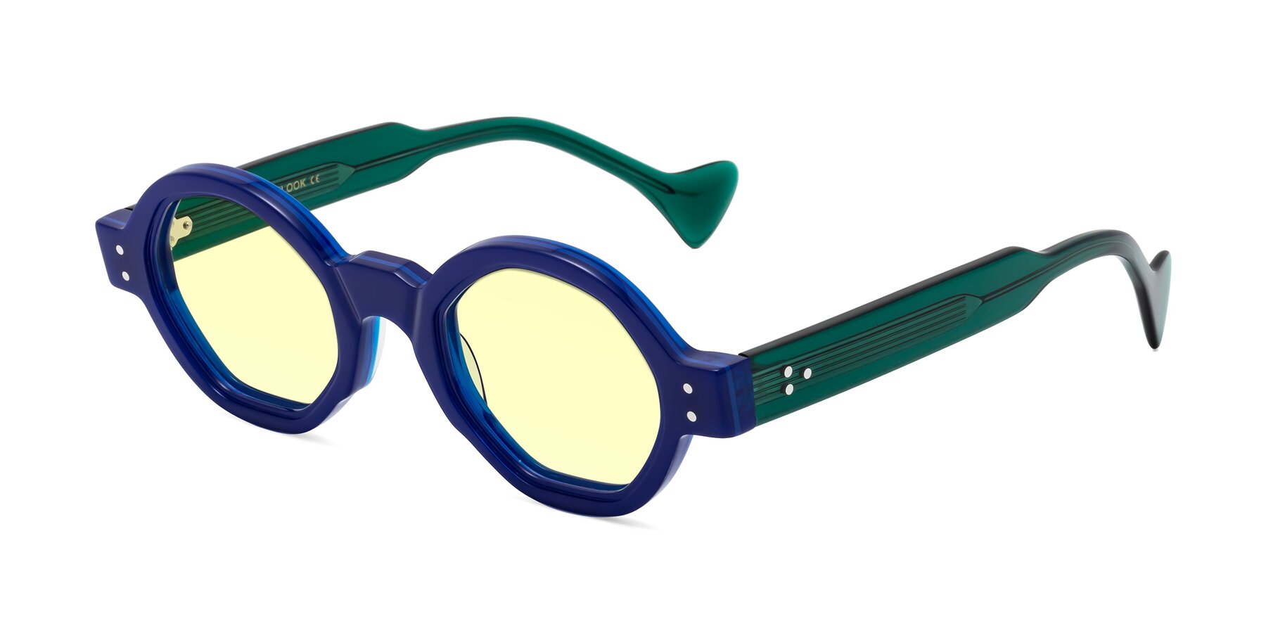 Angle of Tzivara in Neon Blue with Light Yellow Tinted Lenses