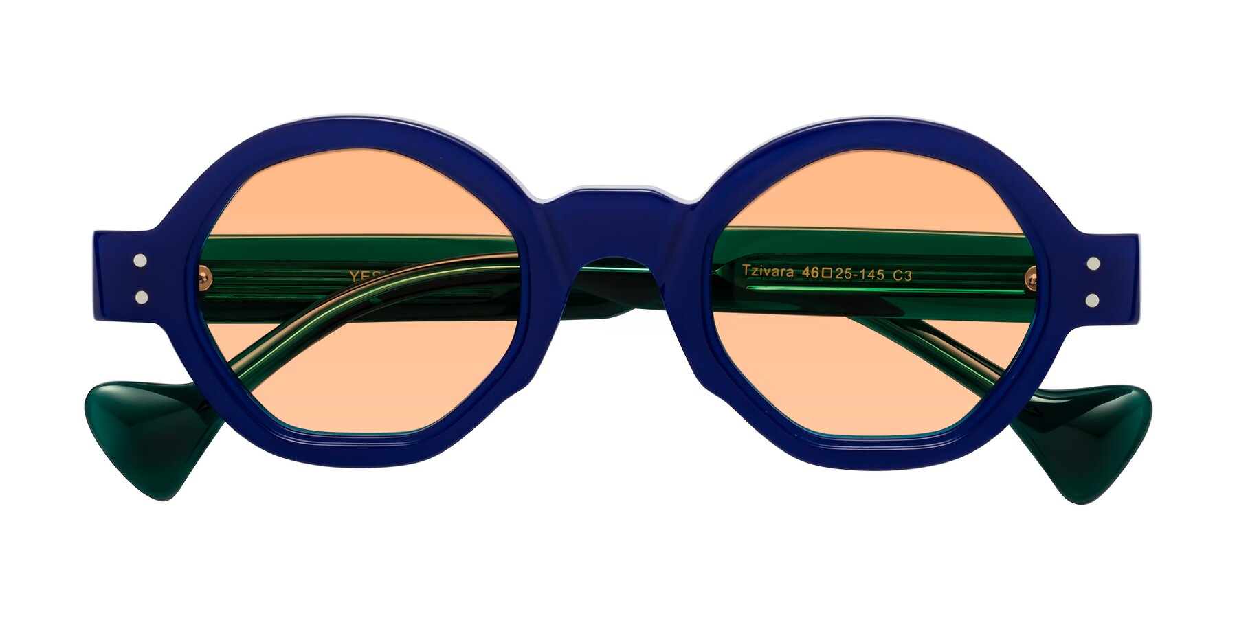 Folded Front of Tzivara in Neon Blue with Light Orange Tinted Lenses