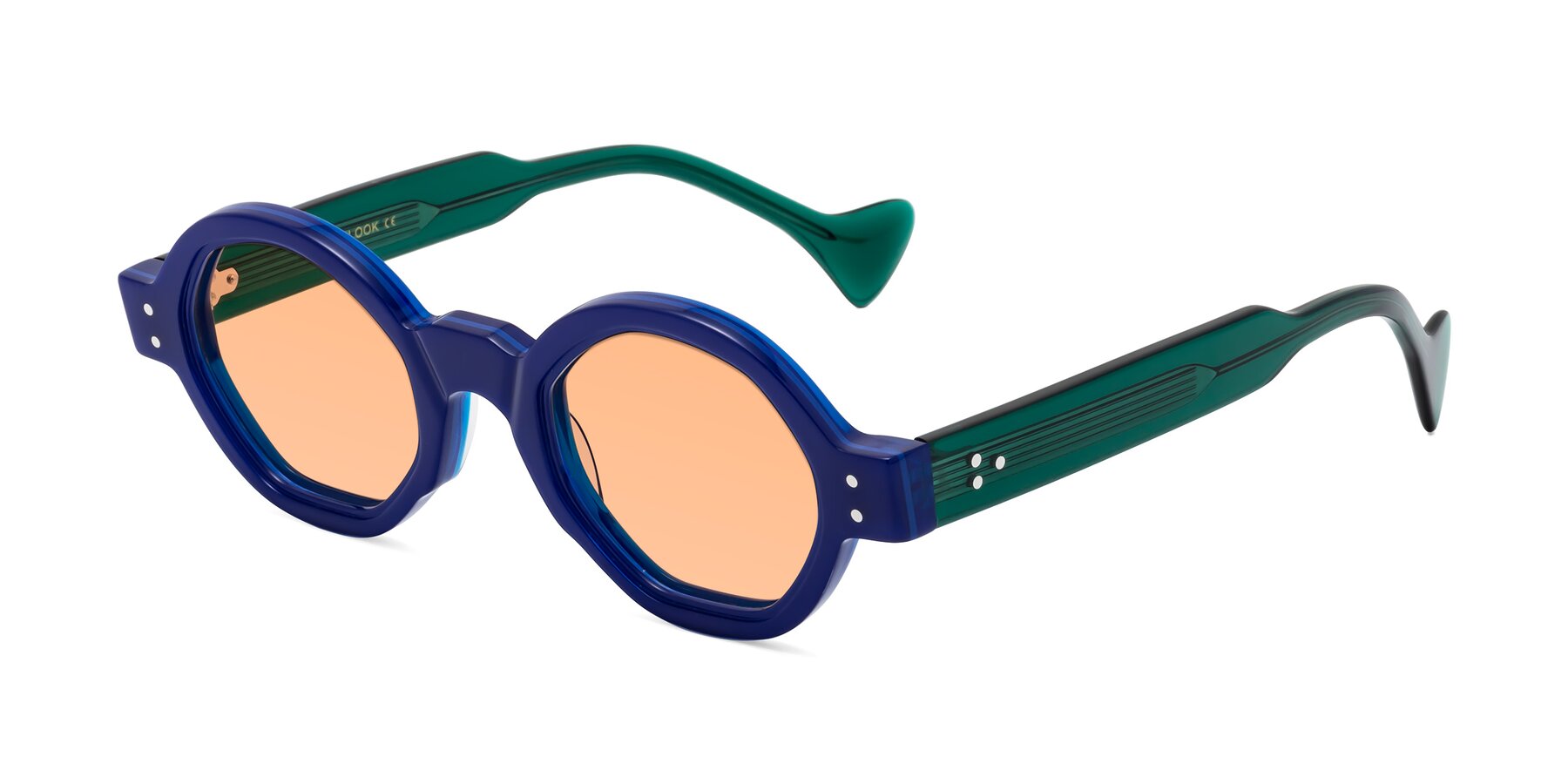 Angle of Tzivara in Neon Blue with Light Orange Tinted Lenses
