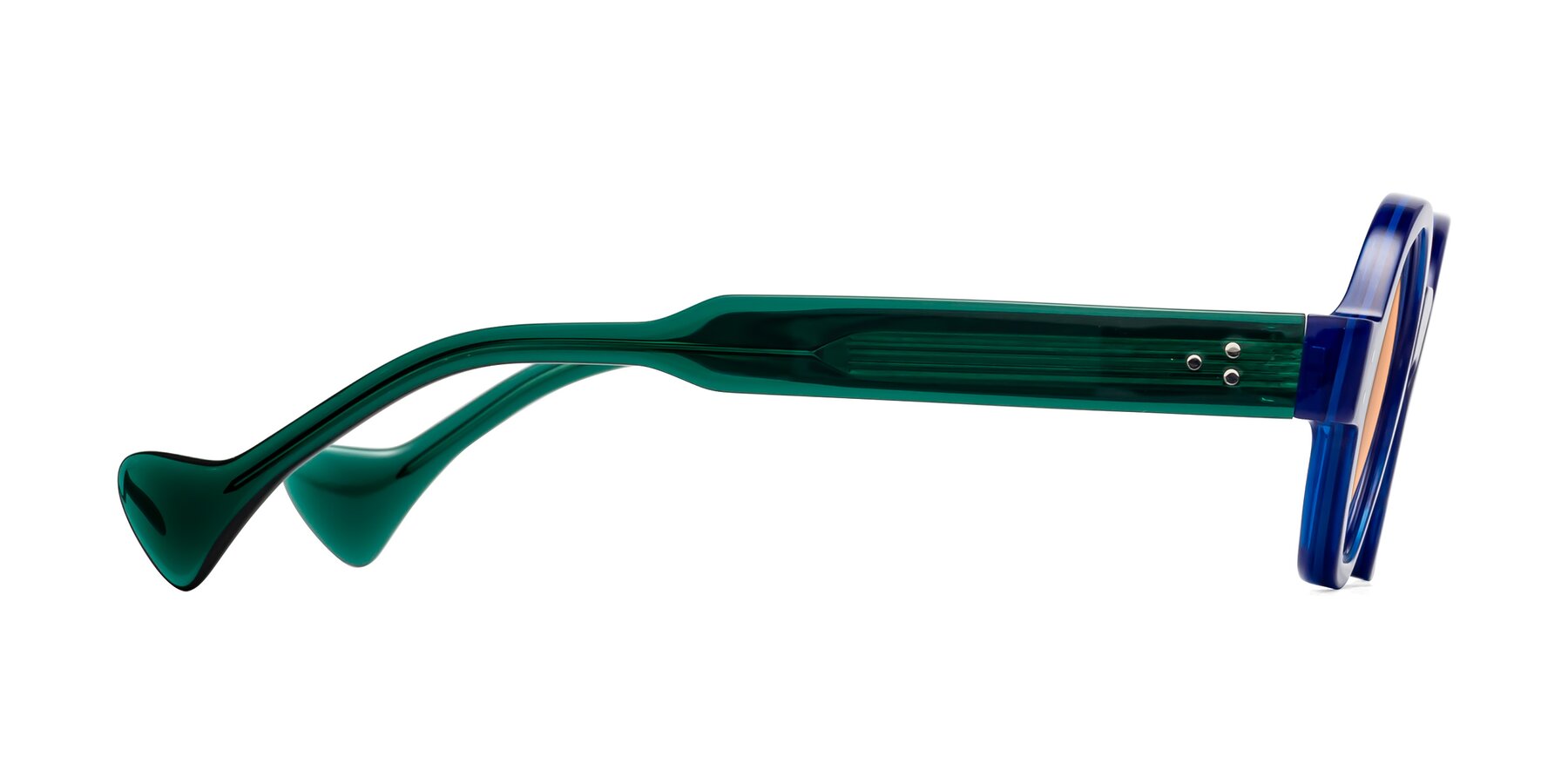 Side of Tzivara in Neon Blue with Light Orange Tinted Lenses