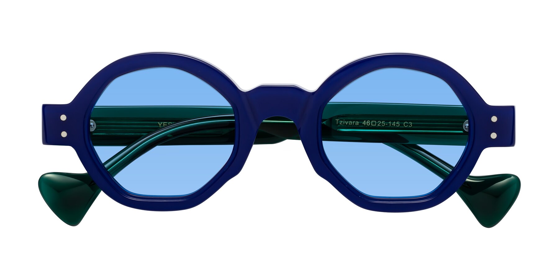Folded Front of Tzivara in Neon Blue with Medium Blue Tinted Lenses