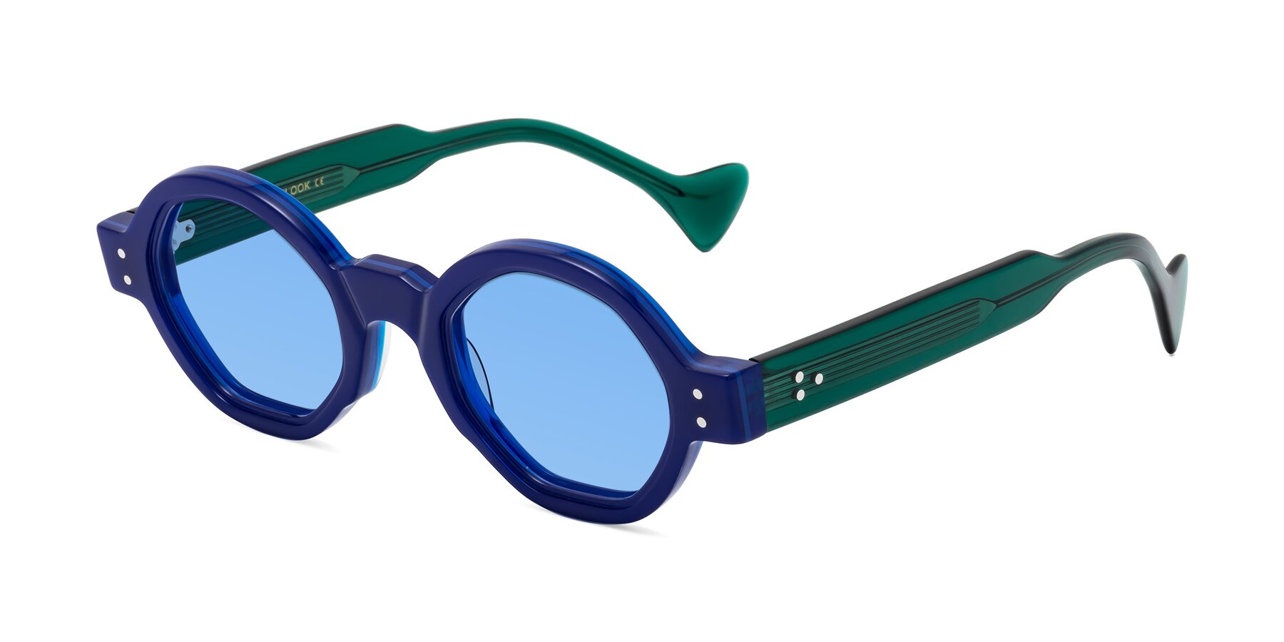 Angle of Tzivara in Neon Blue with Medium Blue Tinted Lenses
