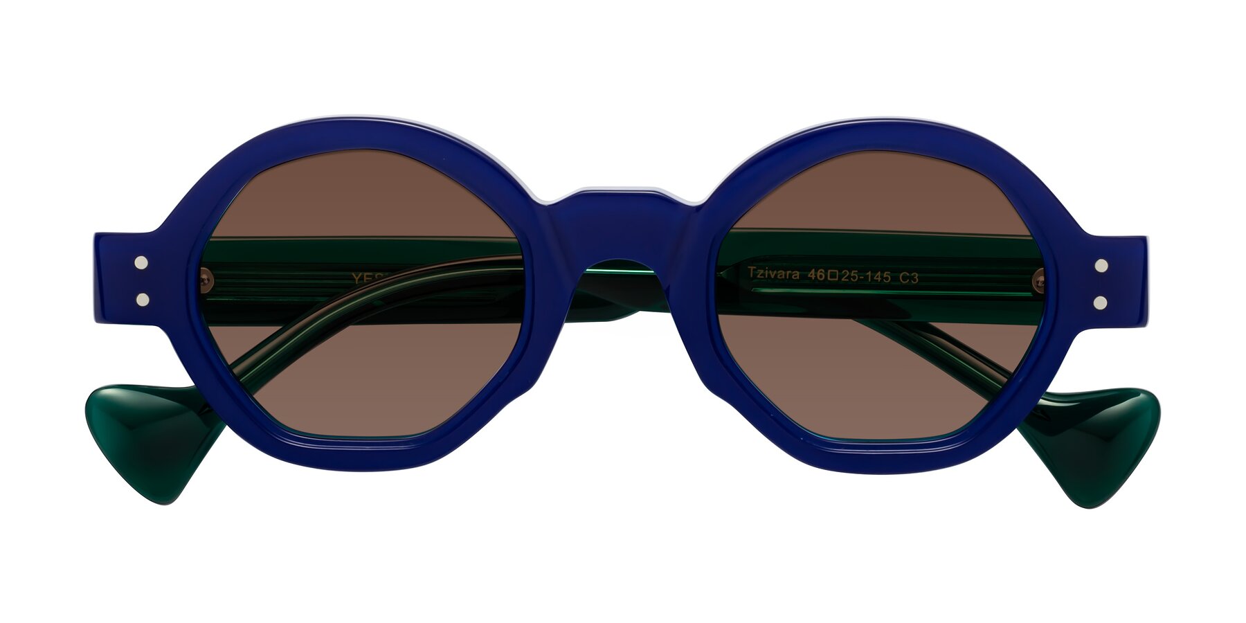 Folded Front of Tzivara in Neon Blue with Brown Tinted Lenses