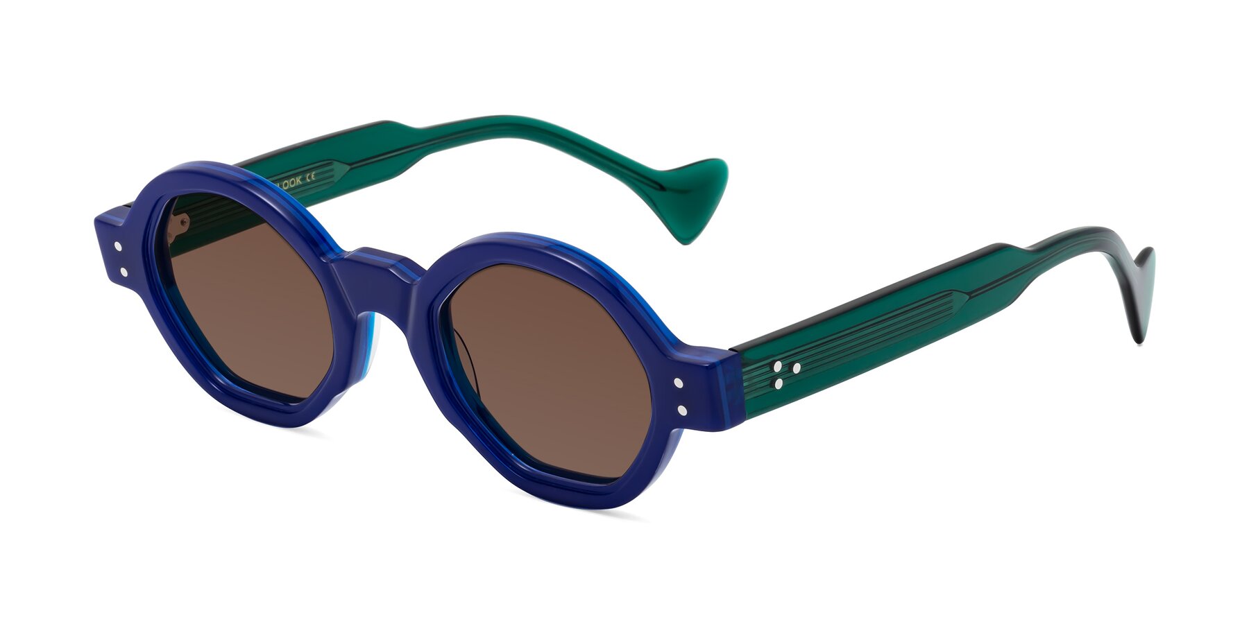 Angle of Tzivara in Neon Blue with Brown Tinted Lenses