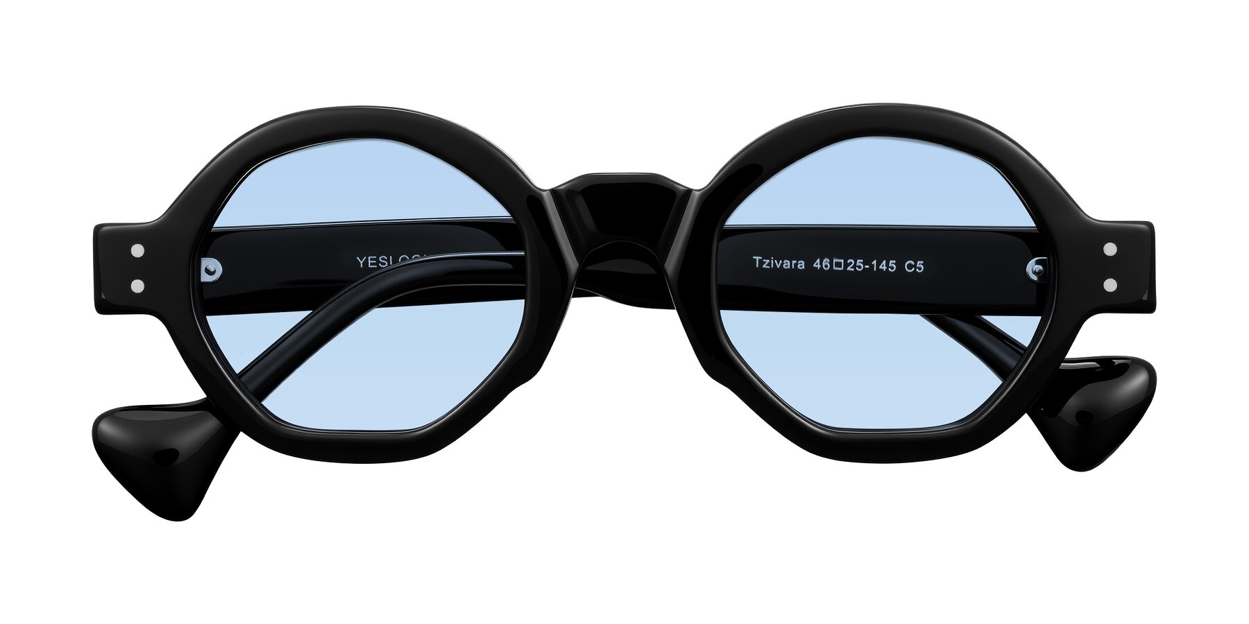 Folded Front of Tzivara in Black with Light Blue Tinted Lenses