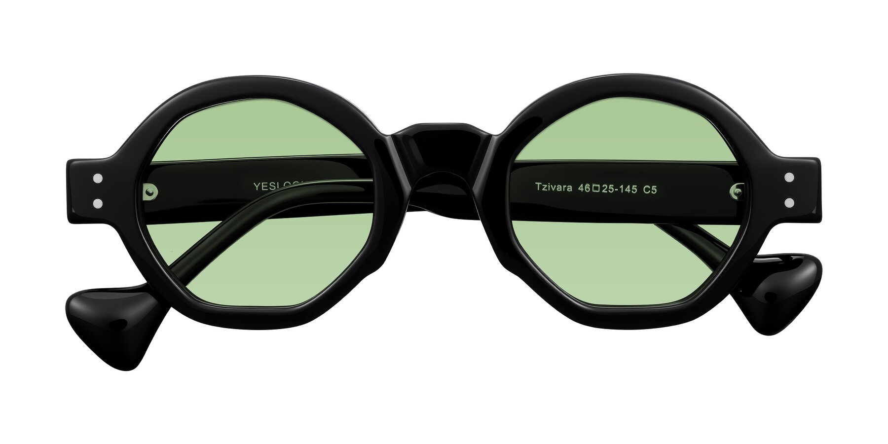 Folded Front of Tzivara in Black with Medium Green Tinted Lenses