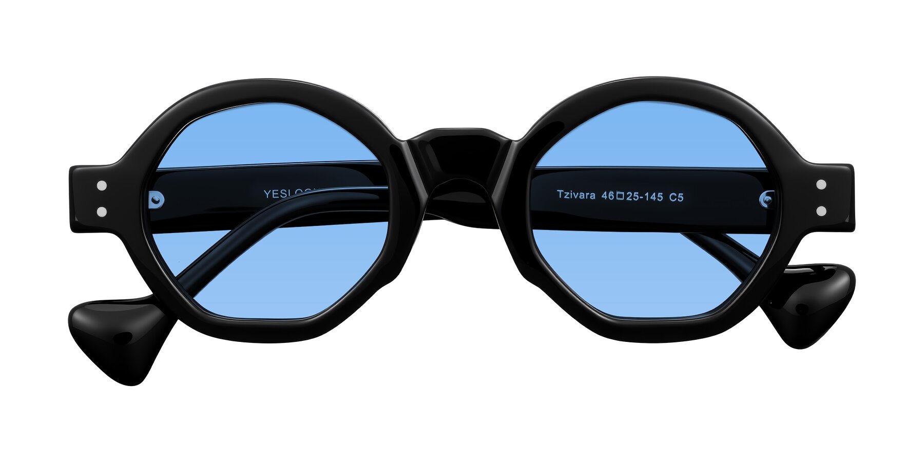 Folded Front of Tzivara in Black with Medium Blue Tinted Lenses