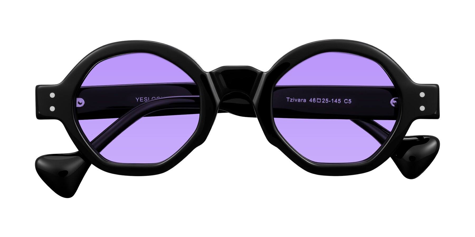 Folded Front of Tzivara in Black with Medium Purple Tinted Lenses