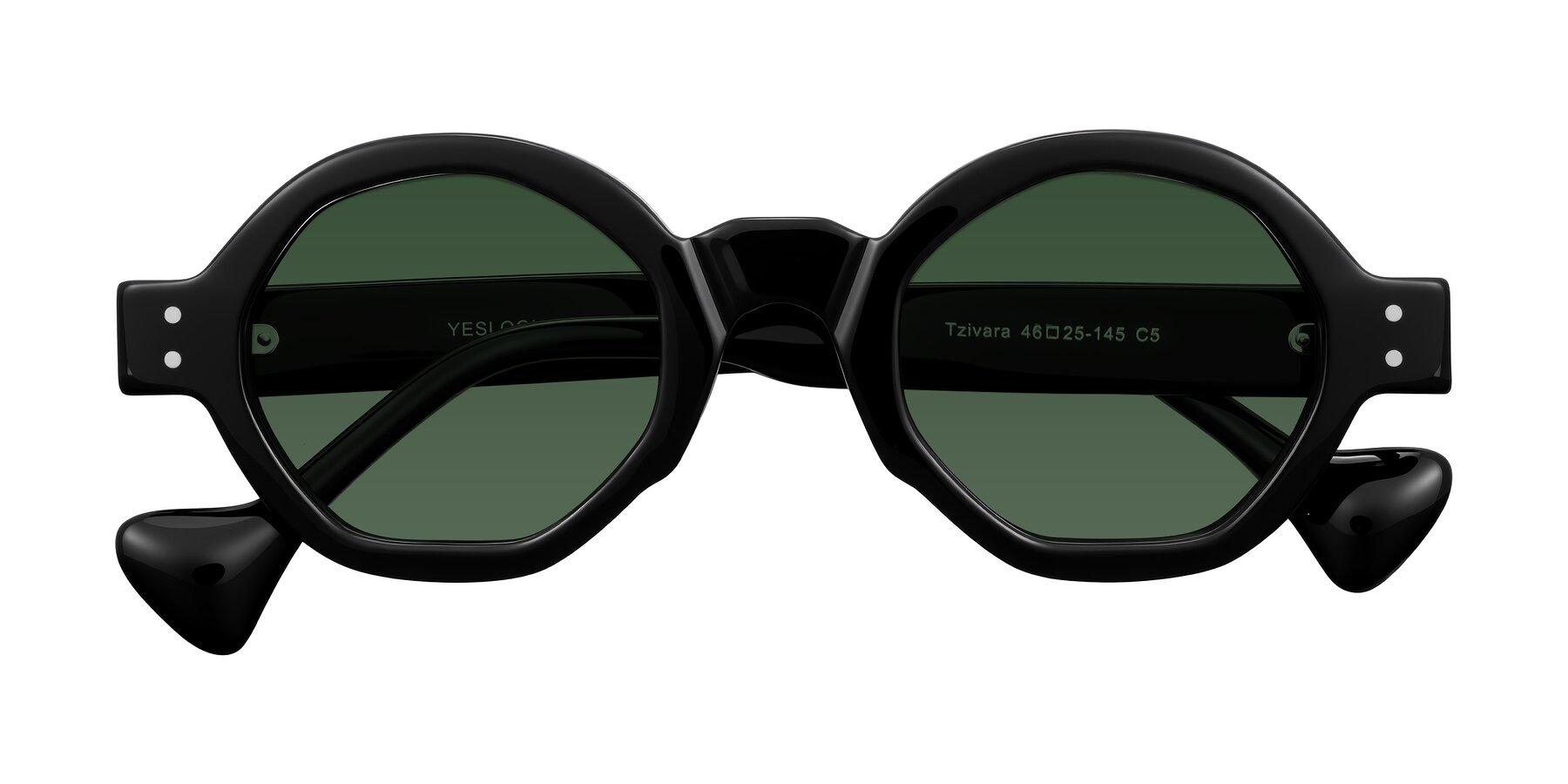 Folded Front of Tzivara in Black with Green Tinted Lenses