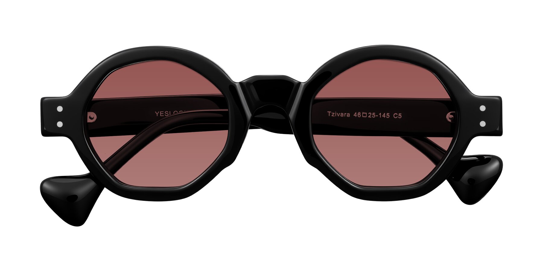 Folded Front of Tzivara in Black with Garnet Tinted Lenses