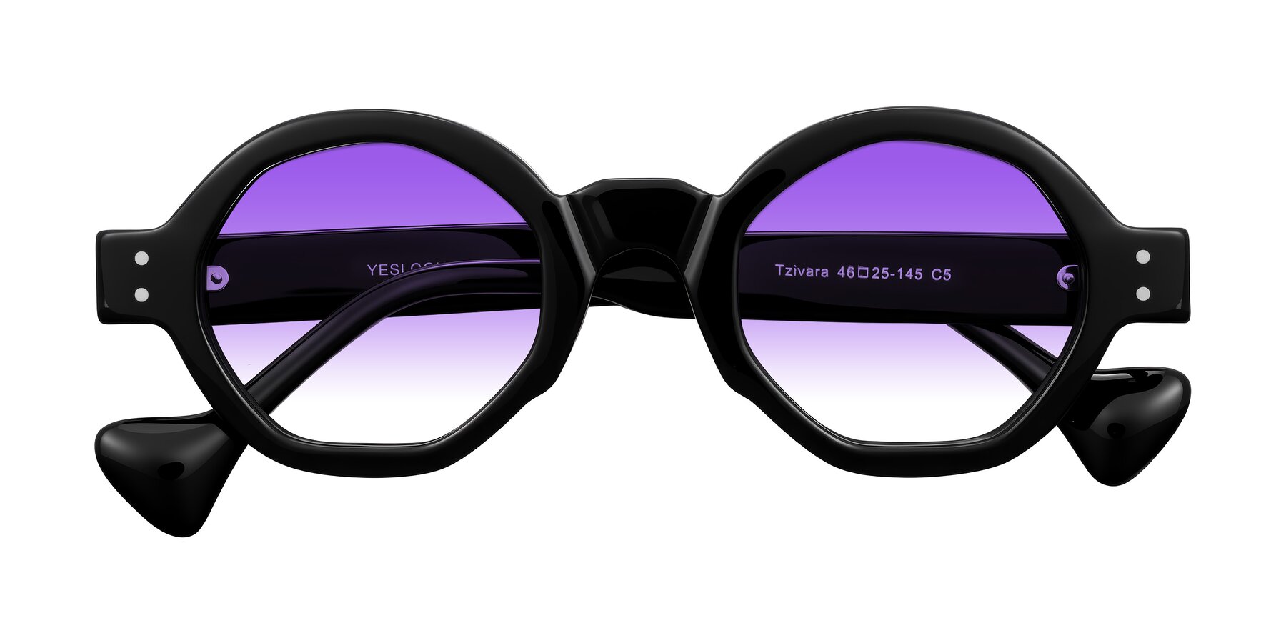 Folded Front of Tzivara in Black with Purple Gradient Lenses