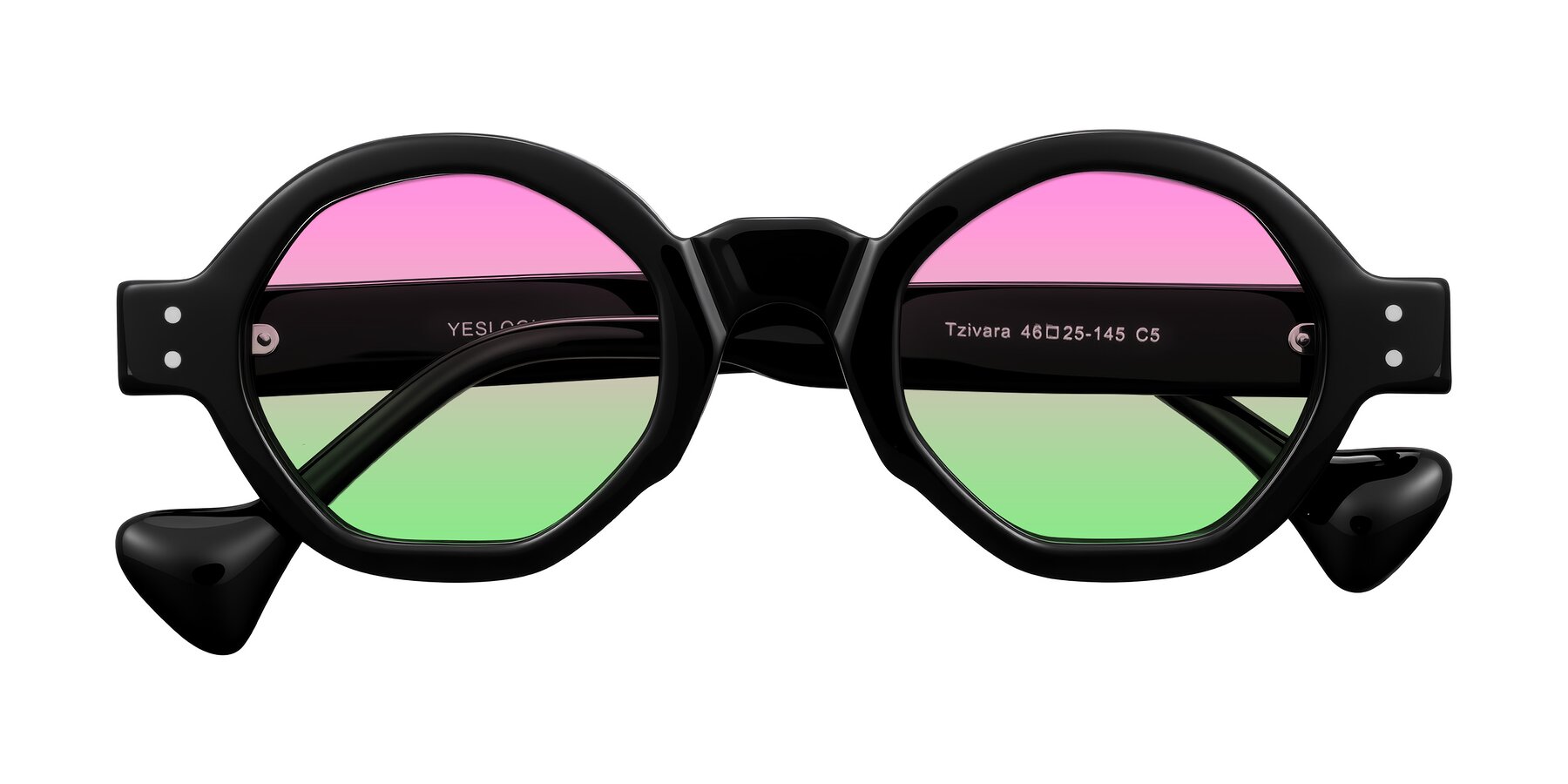 Folded Front of Tzivara in Black with Pink / Green Gradient Lenses