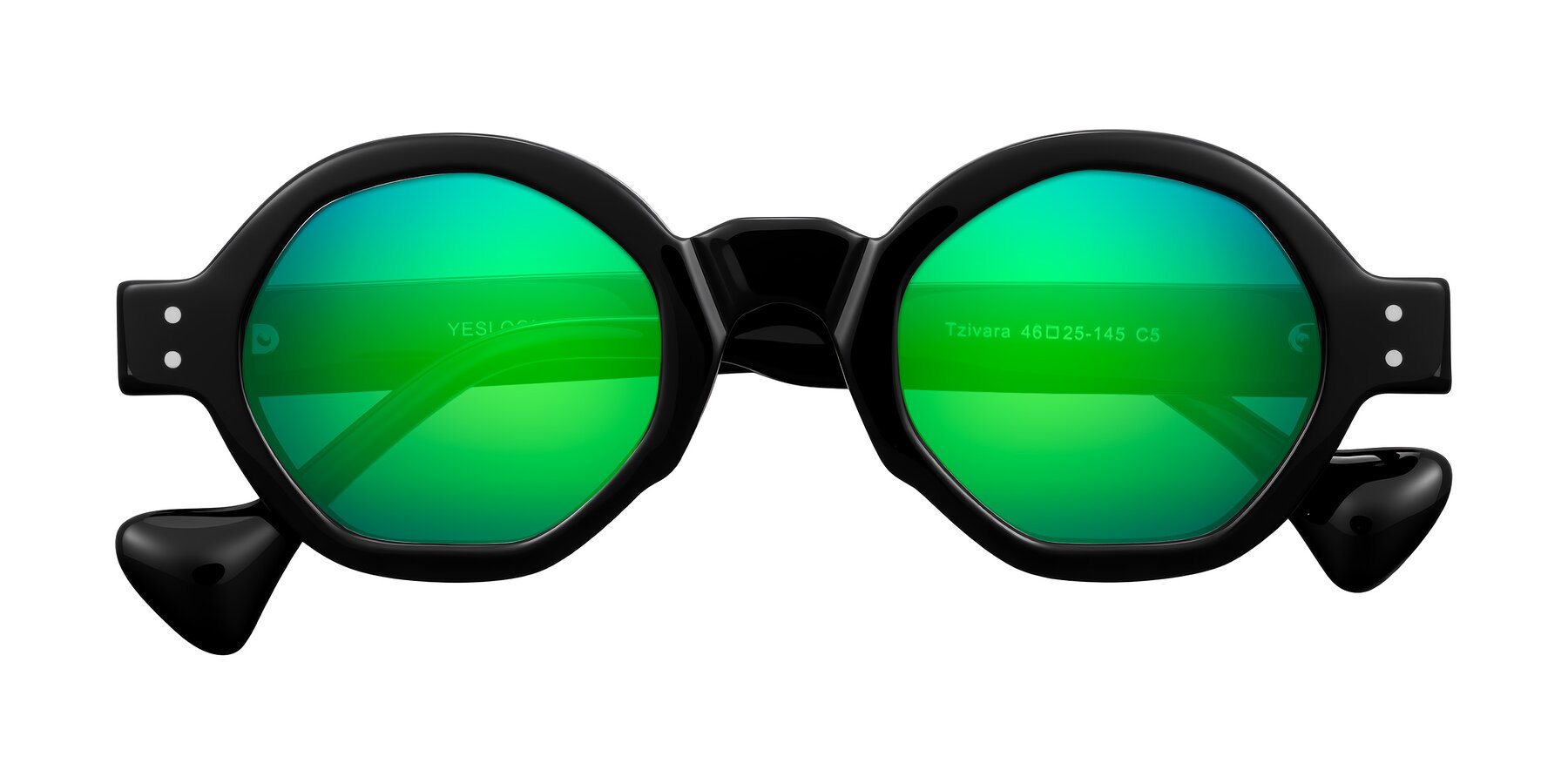 Folded Front of Tzivara in Black with Green Mirrored Lenses
